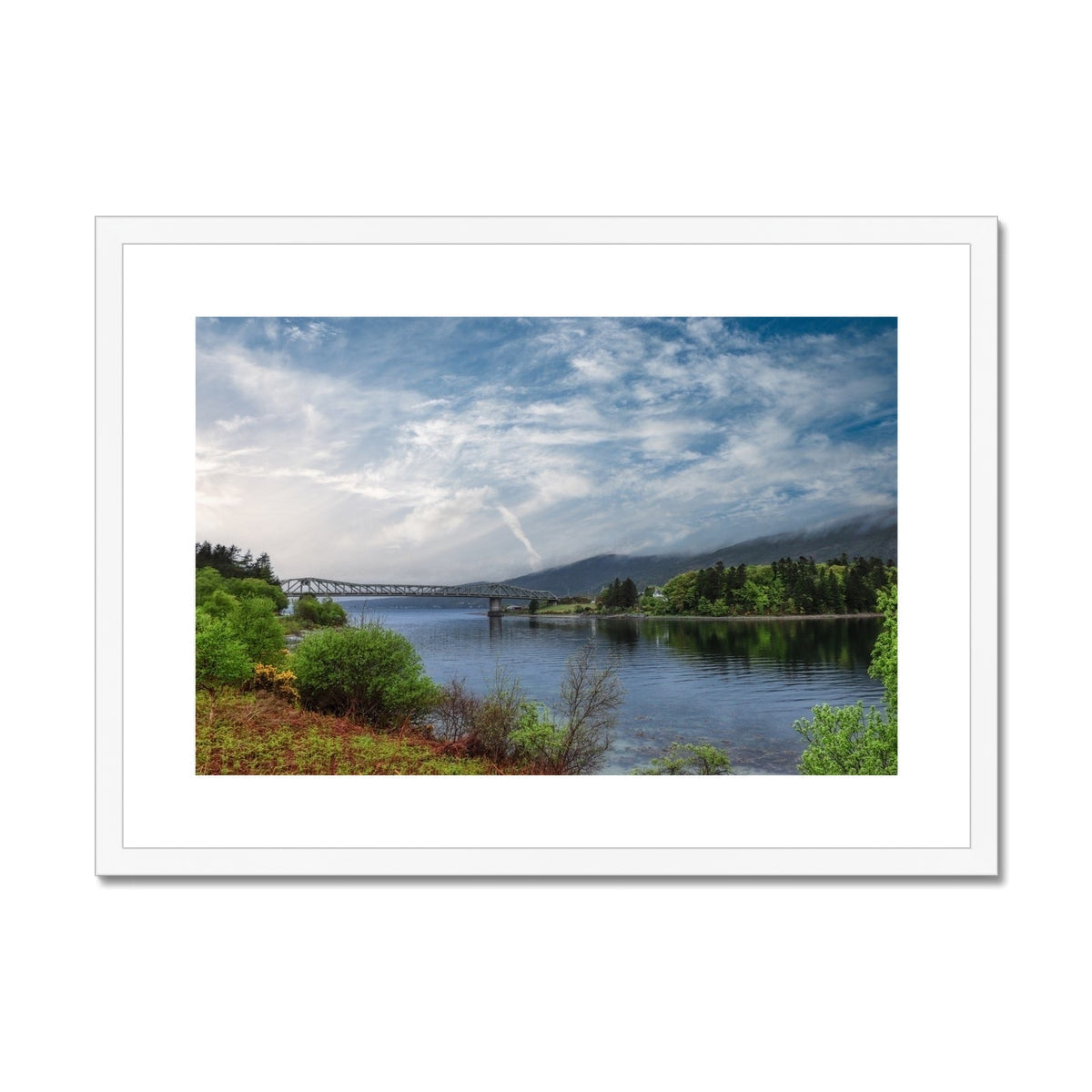 White-framed Ballachulish Bridge serene river landscape print