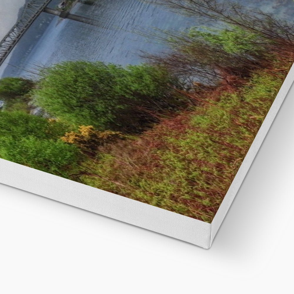Vibrant Ballachulish Bridge river scene canvas print with greenery