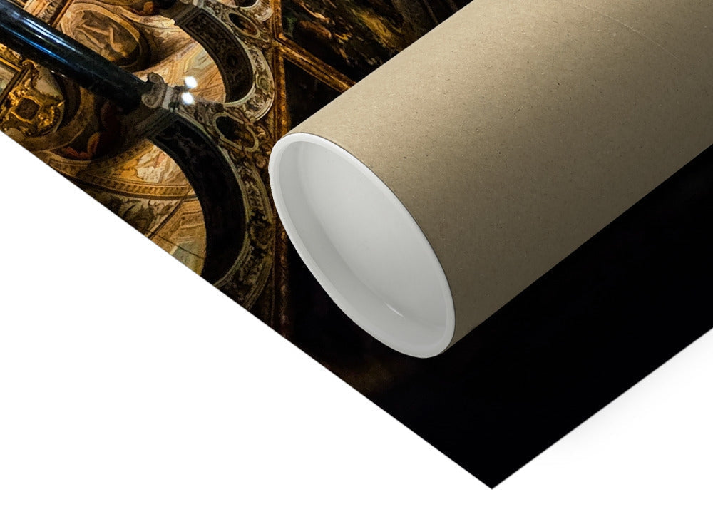 Beige cardboard tube with white interior on ornate golden ceiling art, Basilica di San Pietro Perugia print