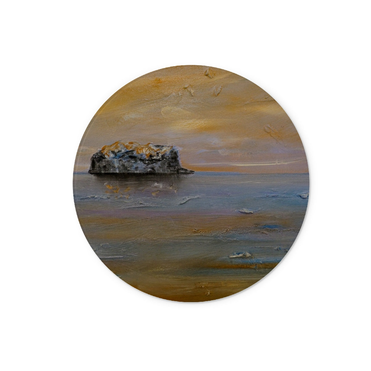 Bass Rock Dawn Art Gifts Glass Chopping Board-Glass Chopping Boards-Edinburgh & Glasgow Art Gallery-12" Round-Paintings, Prints, Homeware, Art Gifts From Scotland By Scottish Artist Kevin Hunter