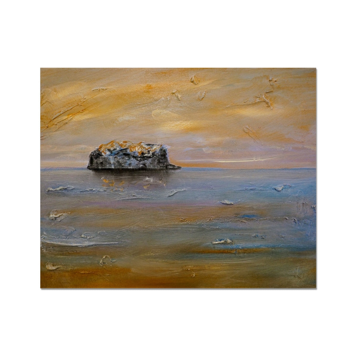 Oil painting of a solitary island in the ocean under an orange sky for Bass Rock Dawn Artist Proof Collector Print
