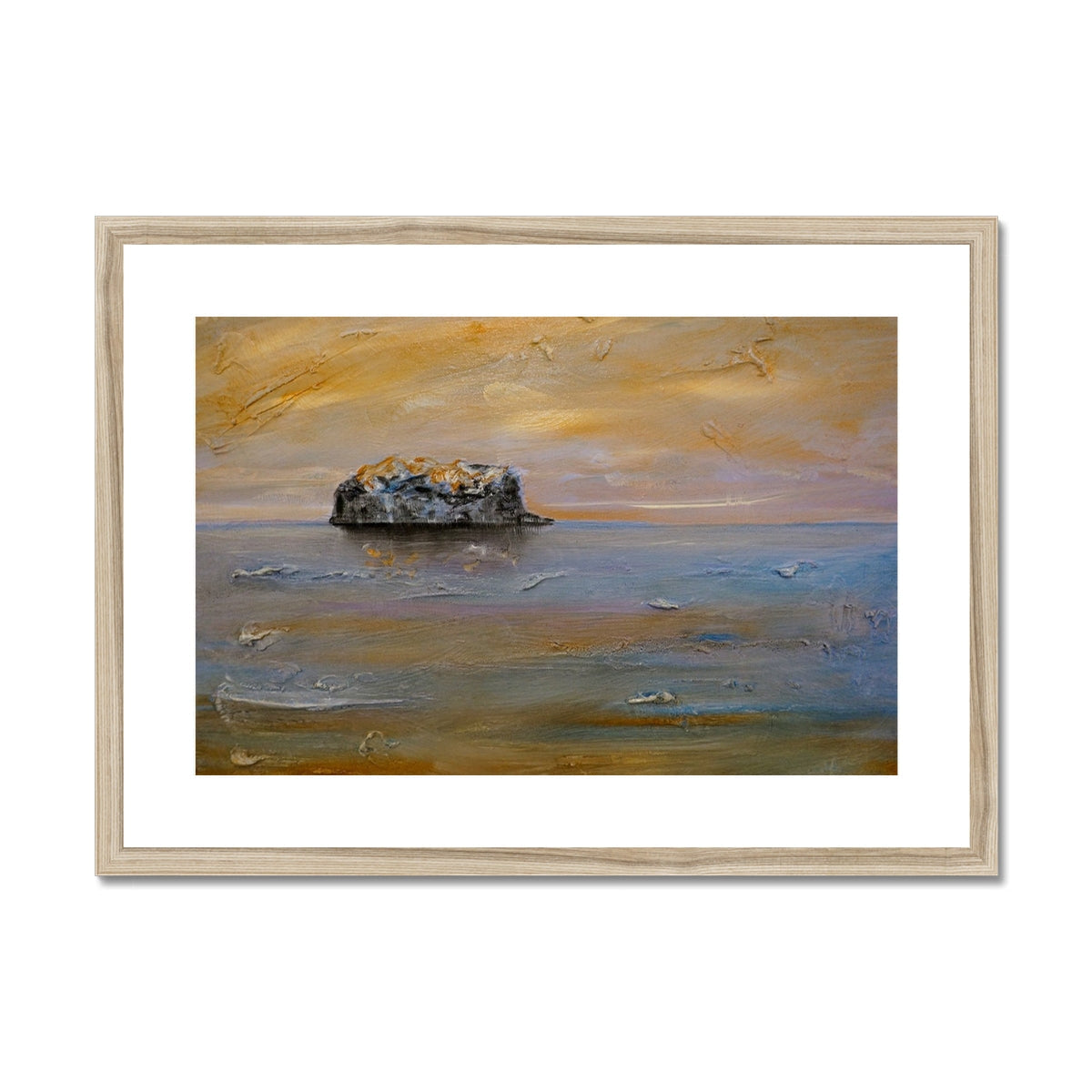 Bass Rock Dawn abstract seascape print with rocky island and birds