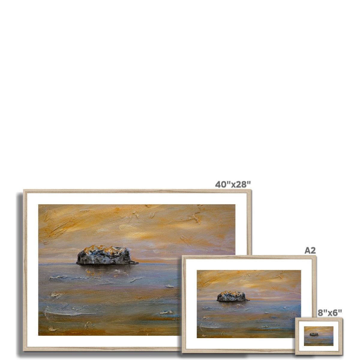 40x28 inch framed Bass Rock Dawn painting with golden sunset