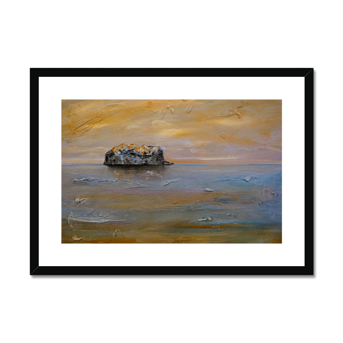 Bass Rock Dawn art print: brown textured rock painting in black frame
