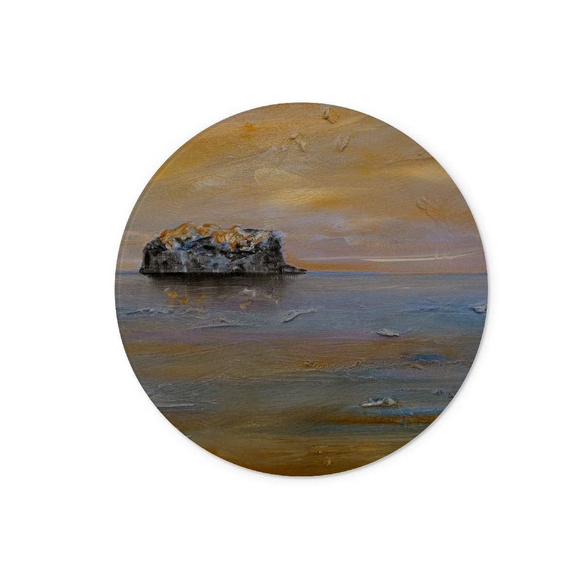 Textured oil painting of Bass Rock formation in calm waters under warm cloudy sky