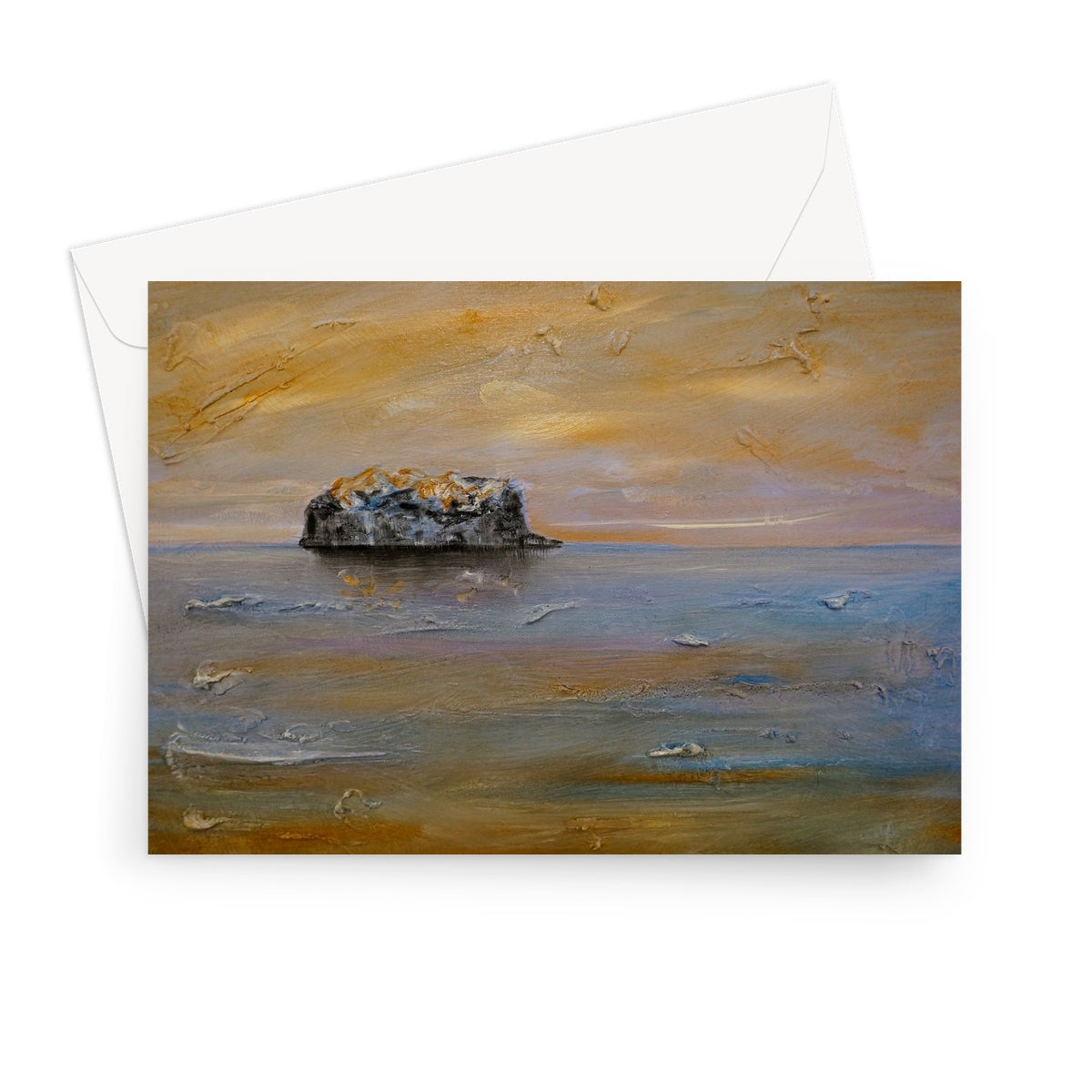 Golden Bass Rock Dawn greeting card with envelope on water