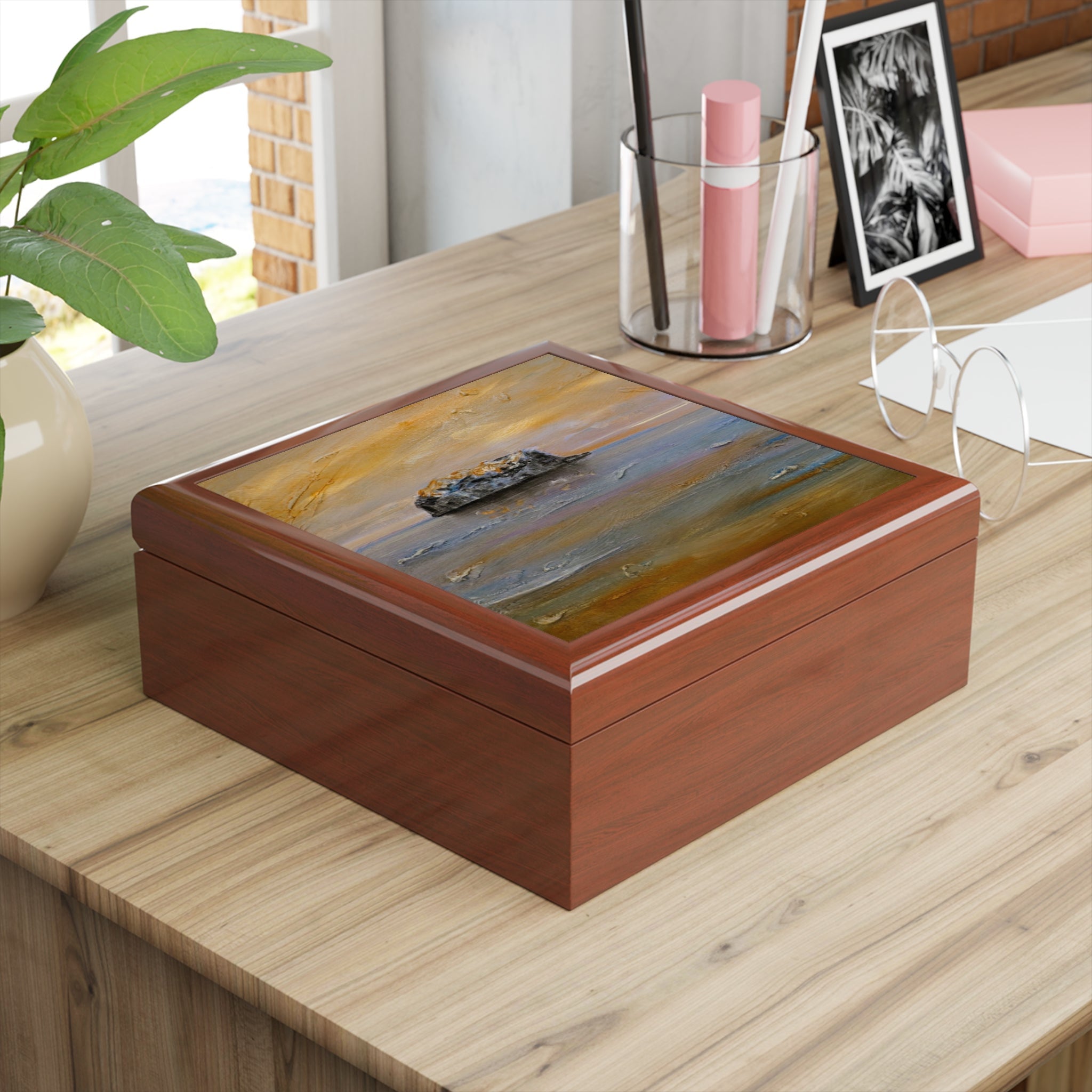 Bass Rock Dawn jewelry box with glossy wooden square and abstract yellow-blue boat painting
