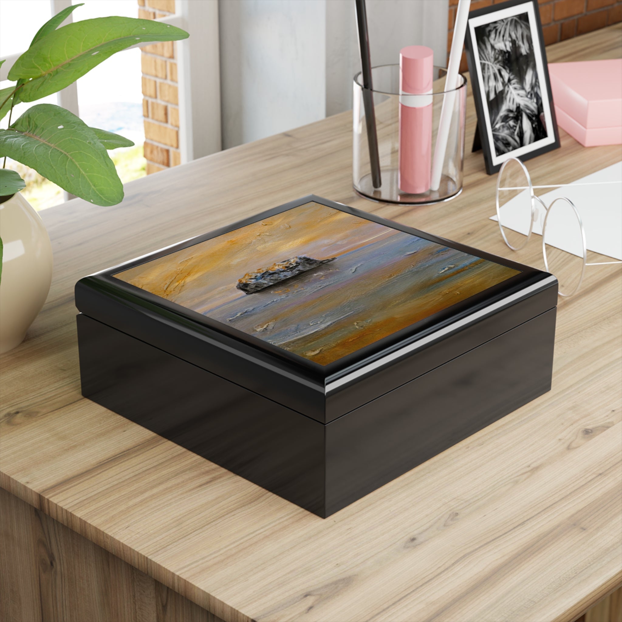 Bass Rock Dawn jewelry box with abstract seascape lid