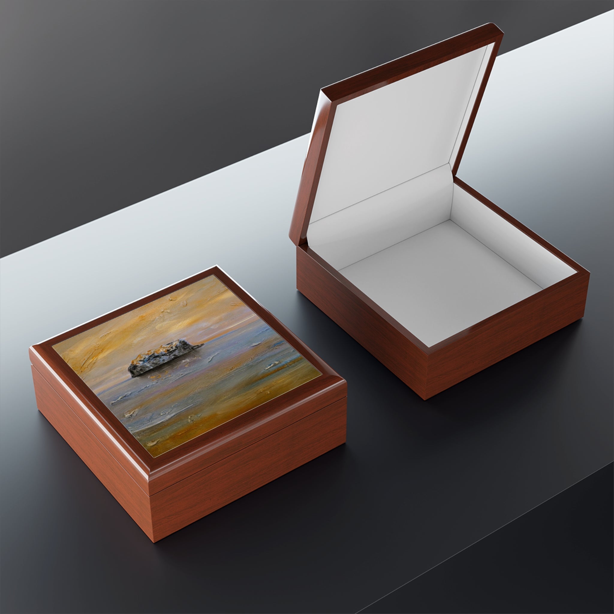 Bass Rock Dawn jewelry box with brown wood and painted ocean waves lid