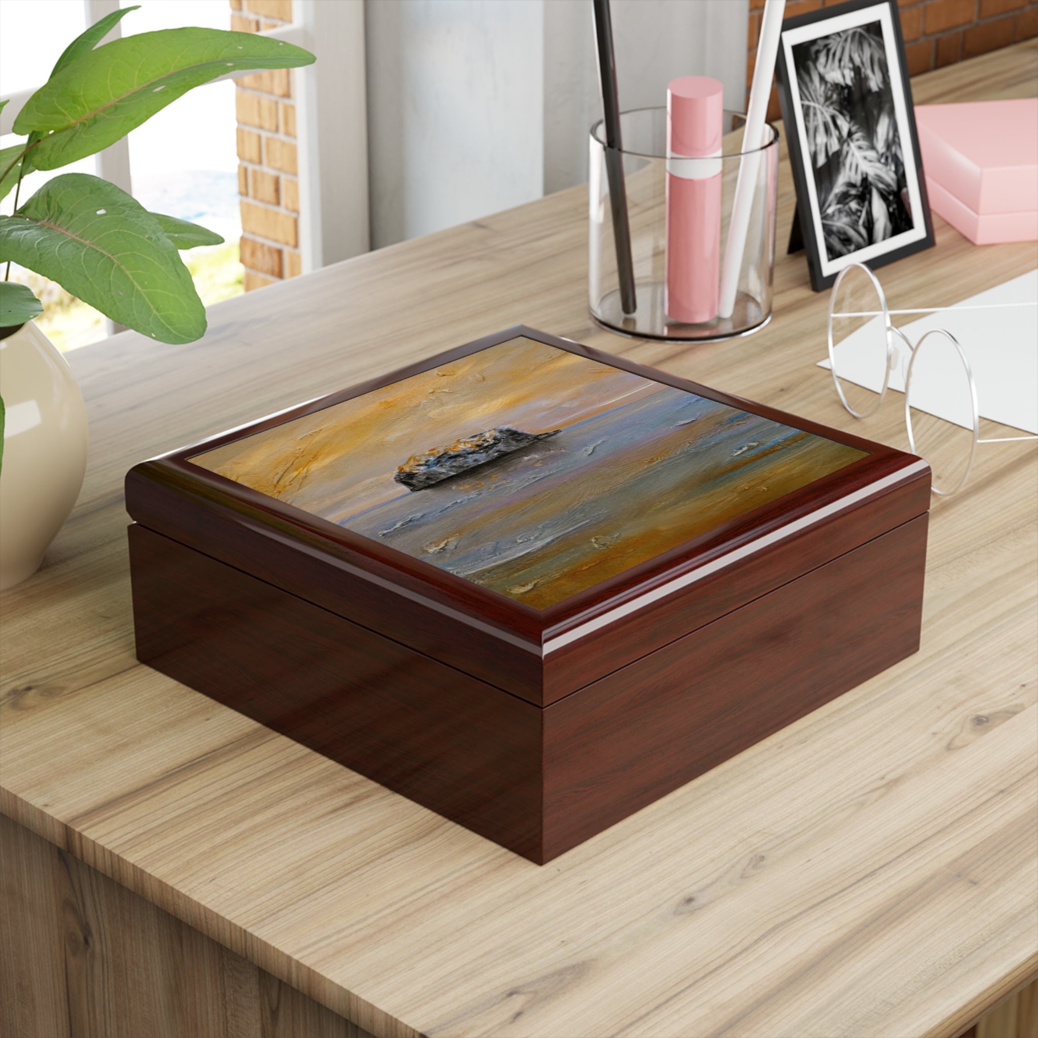 Polished dark wood Bass Rock Dawn jewelry box with ship painting