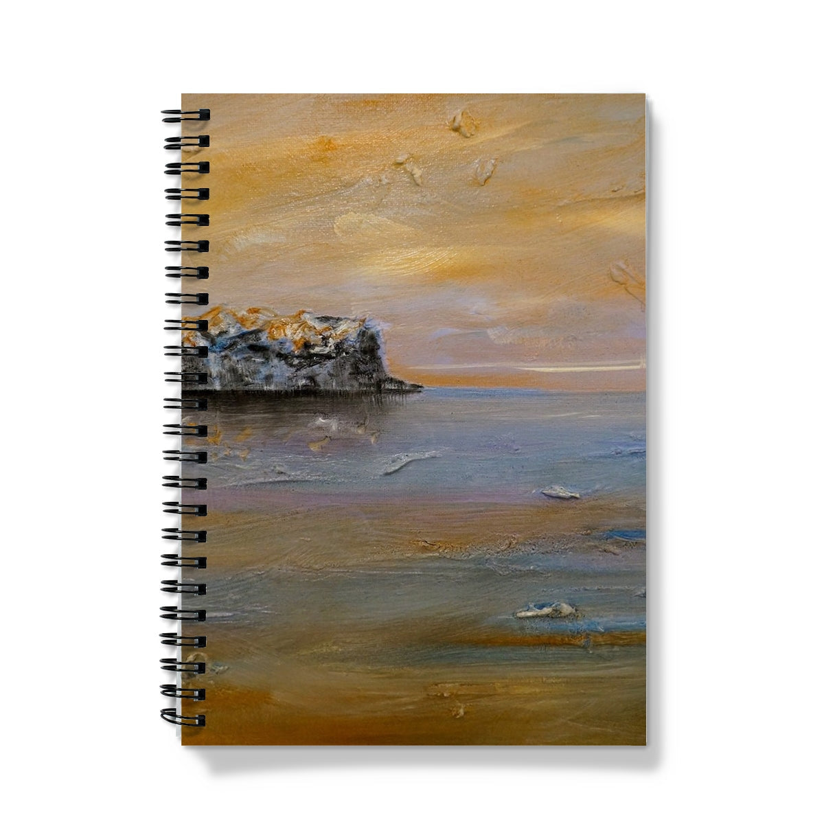 Bass Rock Dawn Notebook with coastal landscape painting of a large rock formation and calm water under a warm, cloudy sky