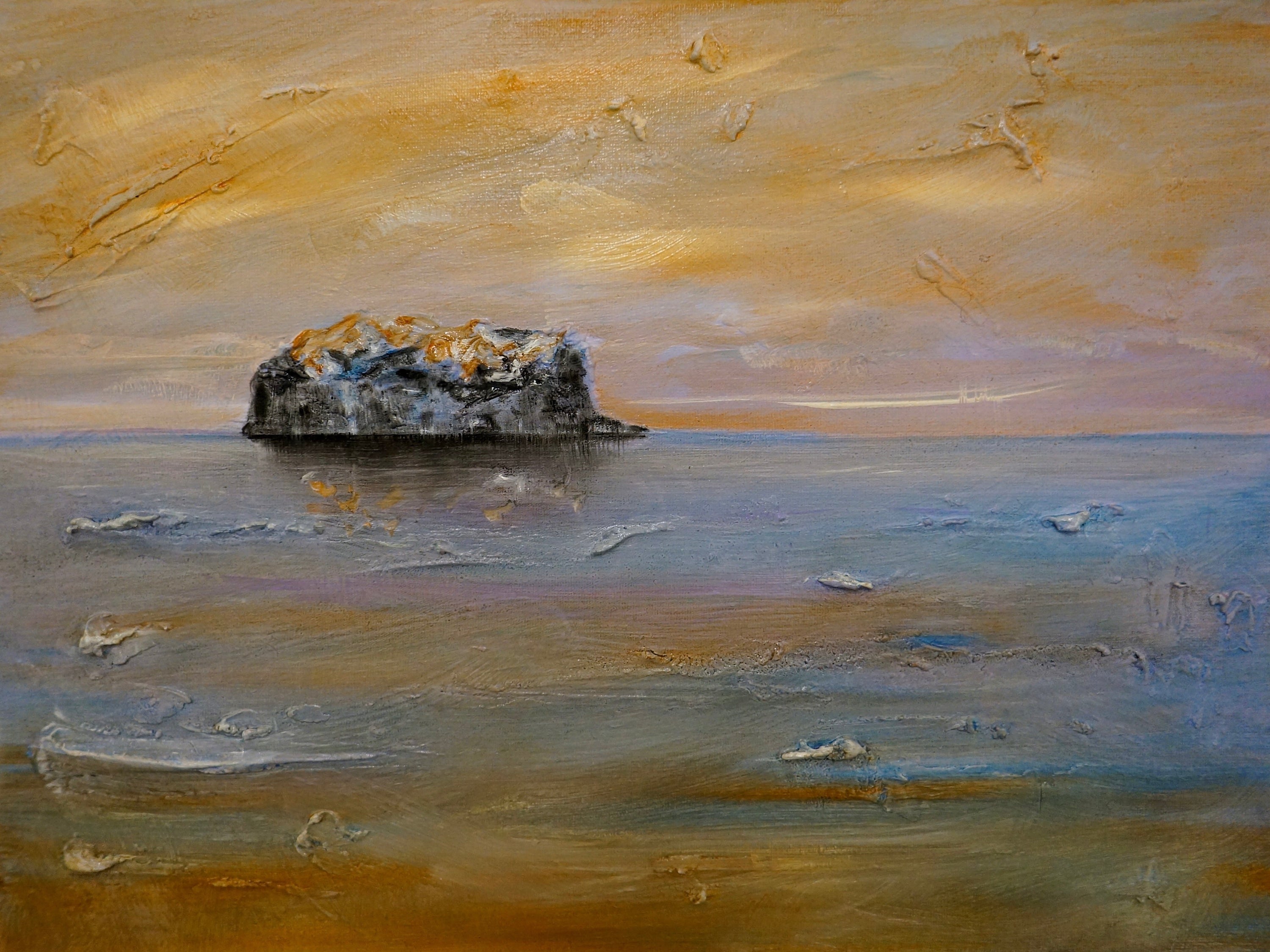 Textured island seascape from Bass Rock Dawn Original Painting showcasing serene coastal scenery