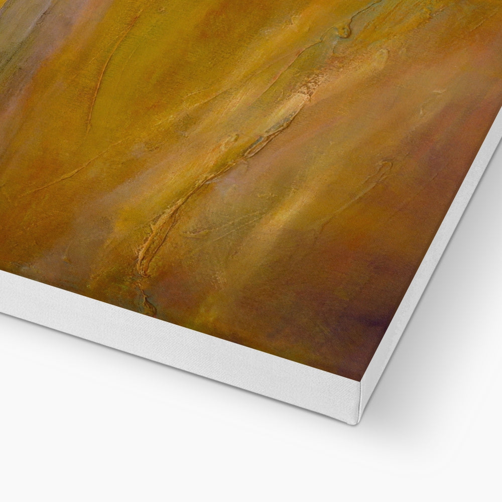 Gold and brown abstract Bass Rock Dusk art print on white canvas