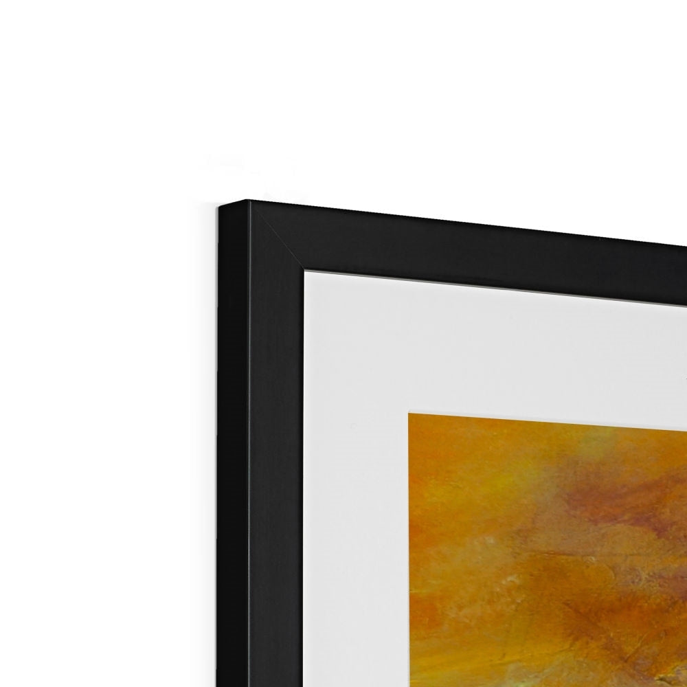 Bass Rock Dusk abstract art print in black frame with yellow orange design