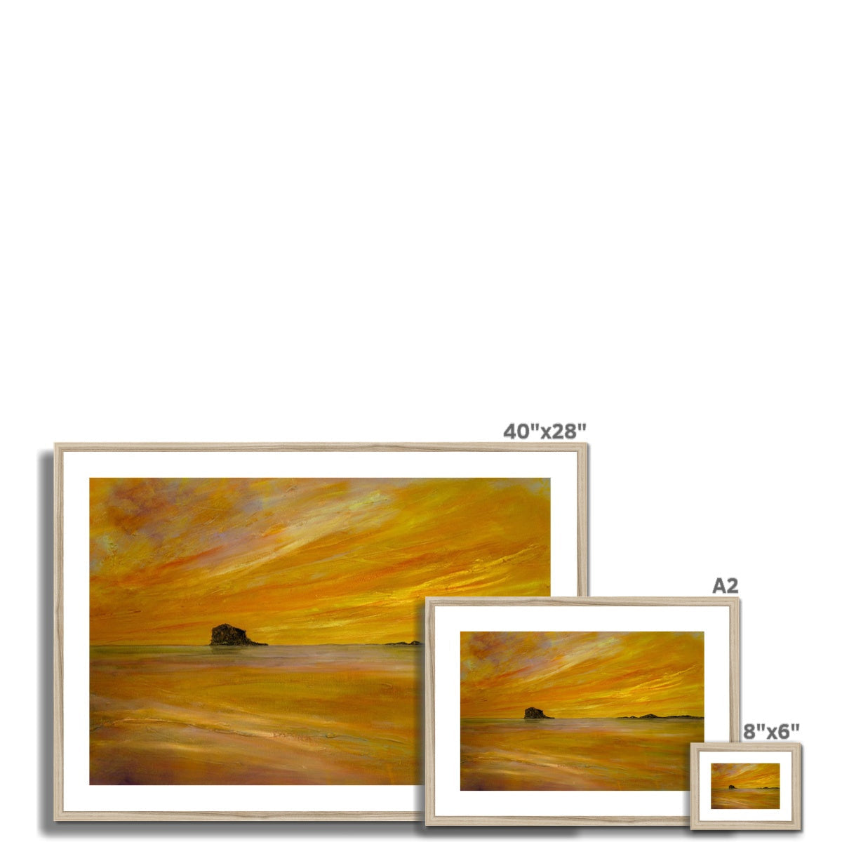 Bass Rock Dusk yellow orange abstract landscape print 8x6 inches framed