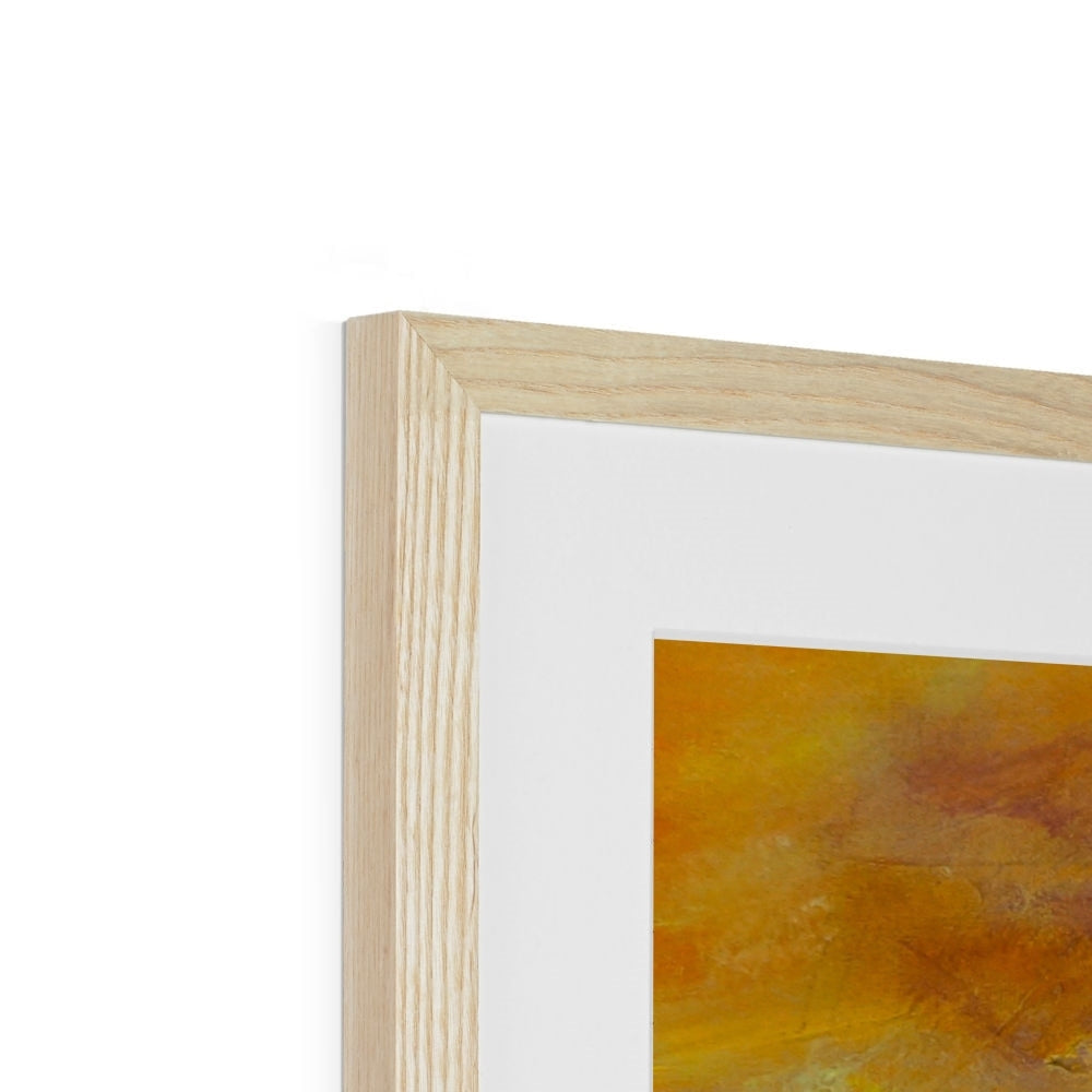 Bass Rock Dusk abstract art print in light wood frame with warm yellow brown tones