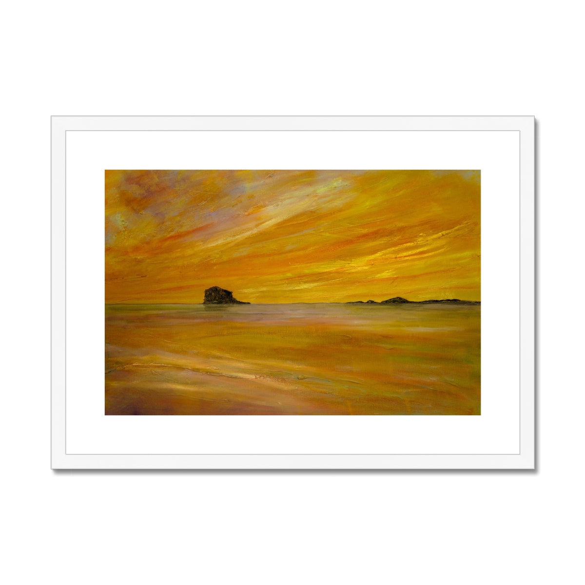 Yellow and orange sunset landscape in Bass Rock Dusk art print with white frame