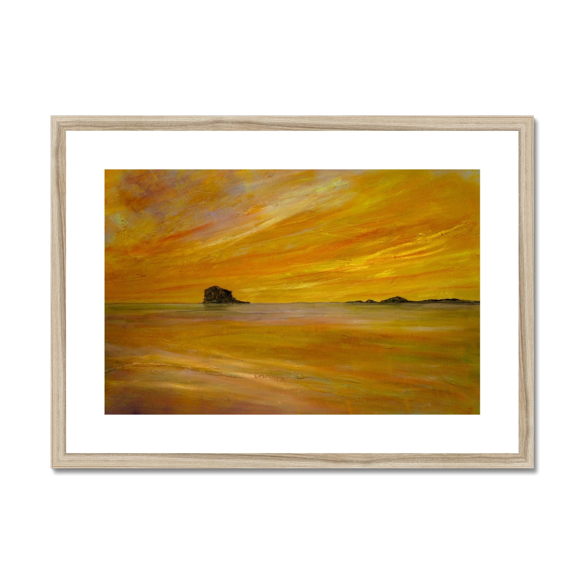Bass Rock Dusk yellow orange abstract art print in white frame