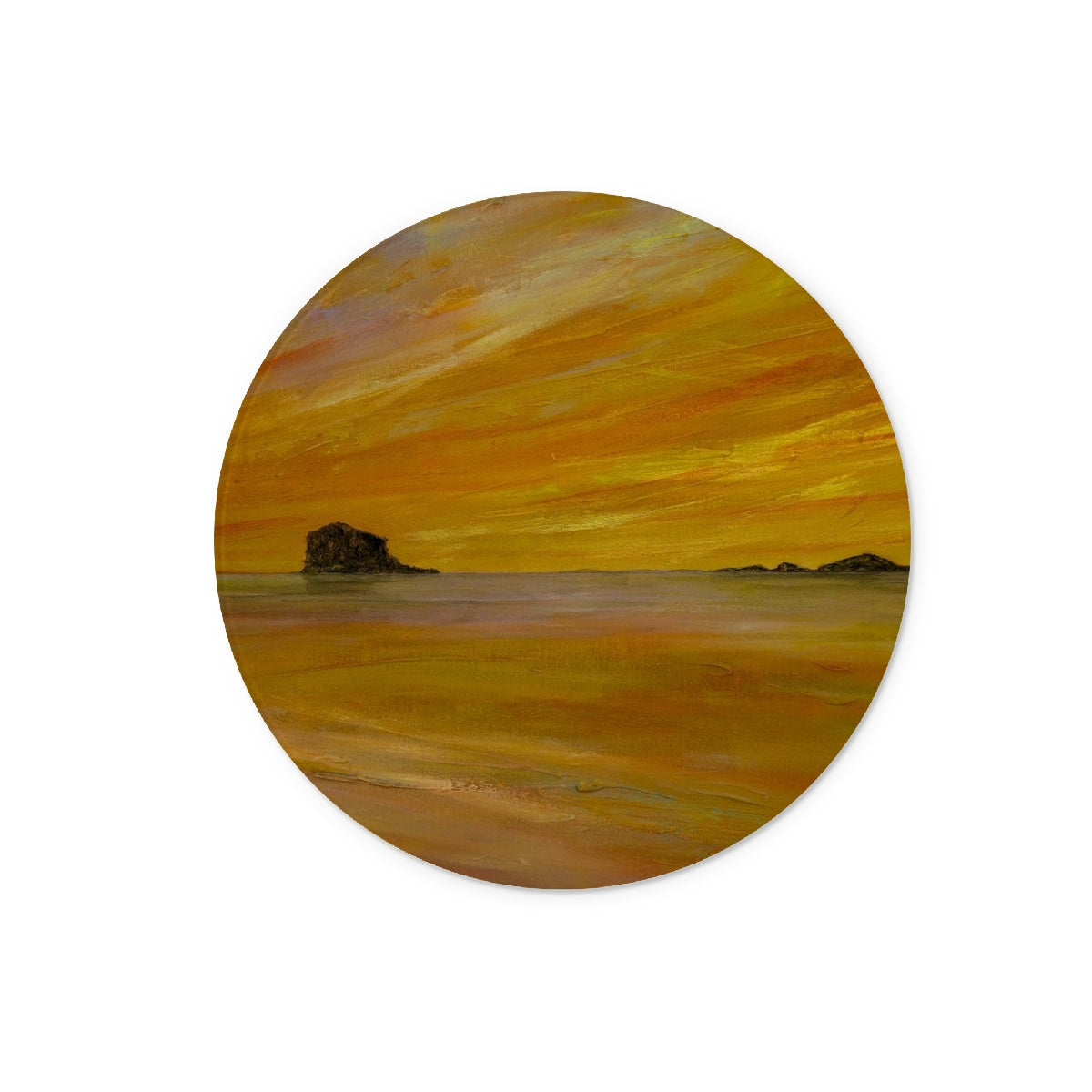 Golden sunset abstract circular coaster on Bass Rock Dusk glass chopping board