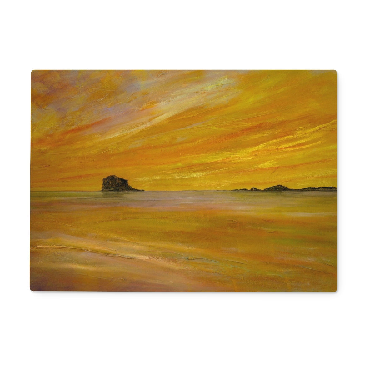 Bass Rock Dusk: yellow orange sunset beach wall art print on glass chopping board