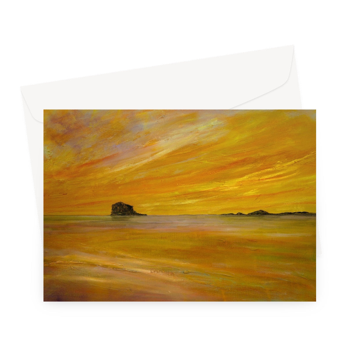 Bass Rock Dusk greeting card with yellow orange sunset beach rocks