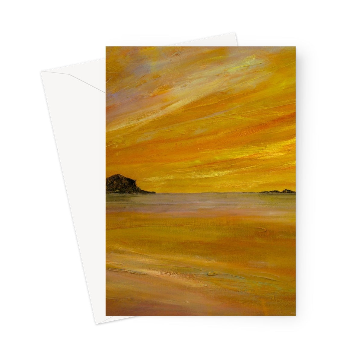 Bass Rock Dusk greeting card with yellow orange sunset beach textured paint effect