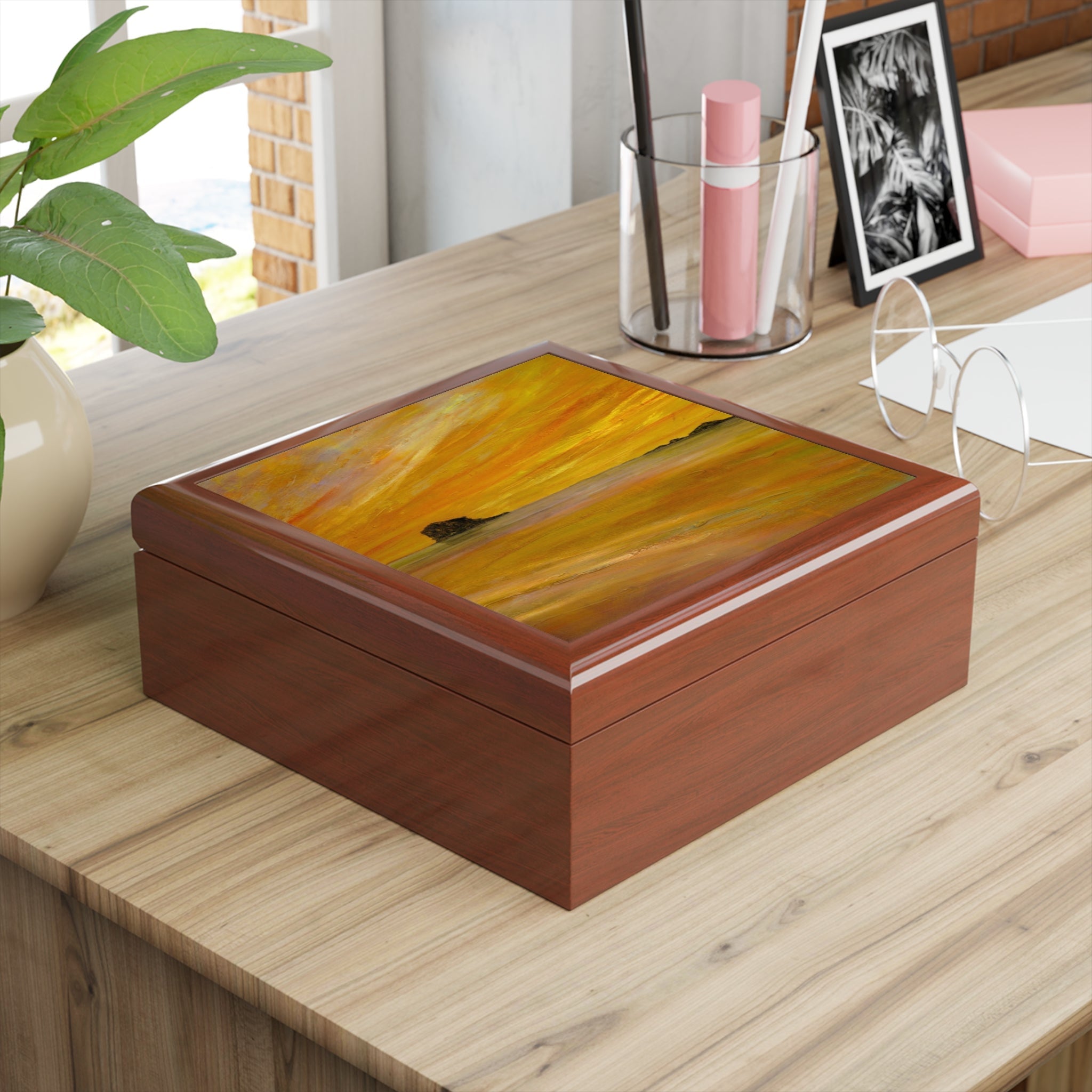 Bass Rock Dusk jewellery box with sunset-painted lid