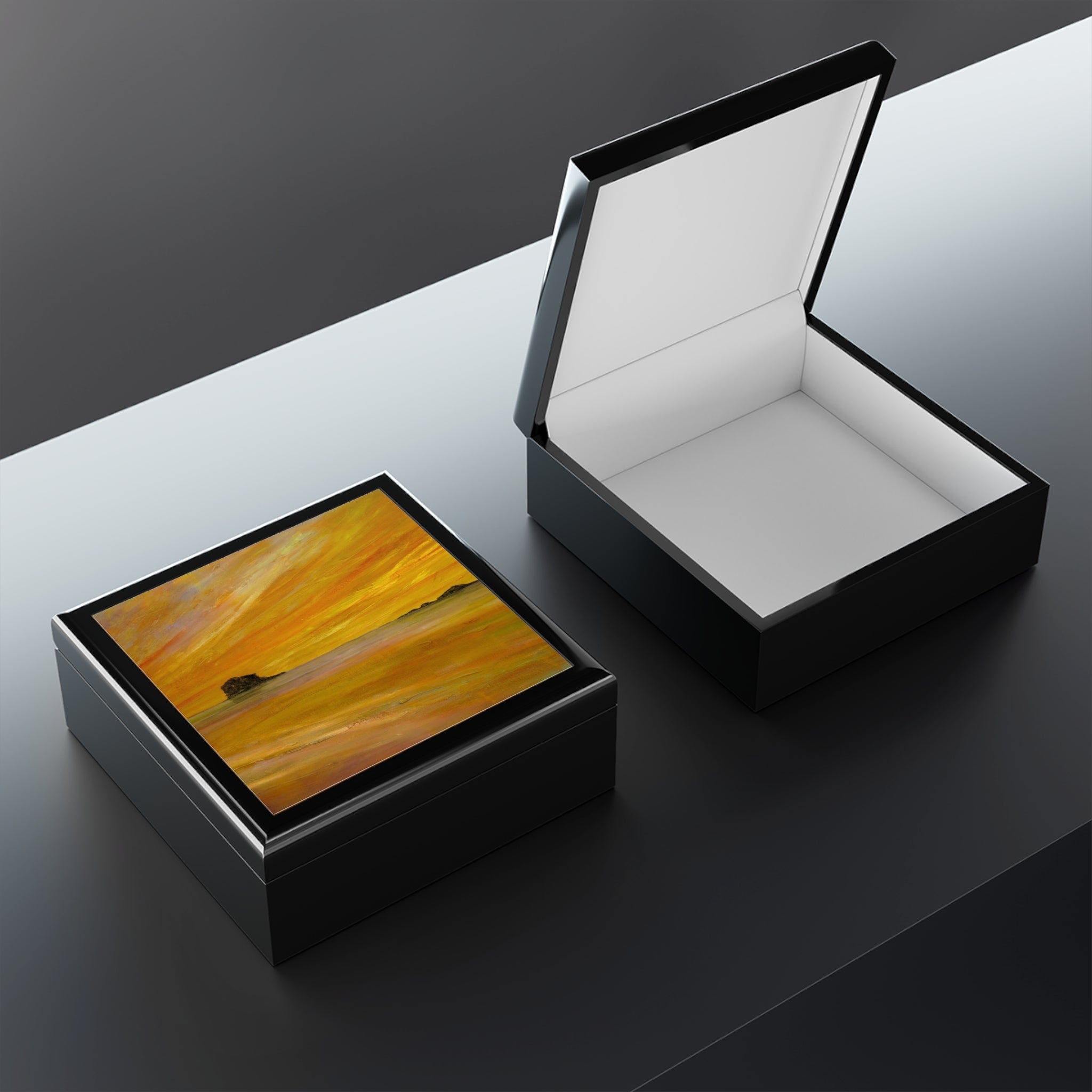 Bass Rock Dusk jewelry box: black glossy keepsake with sunset lid