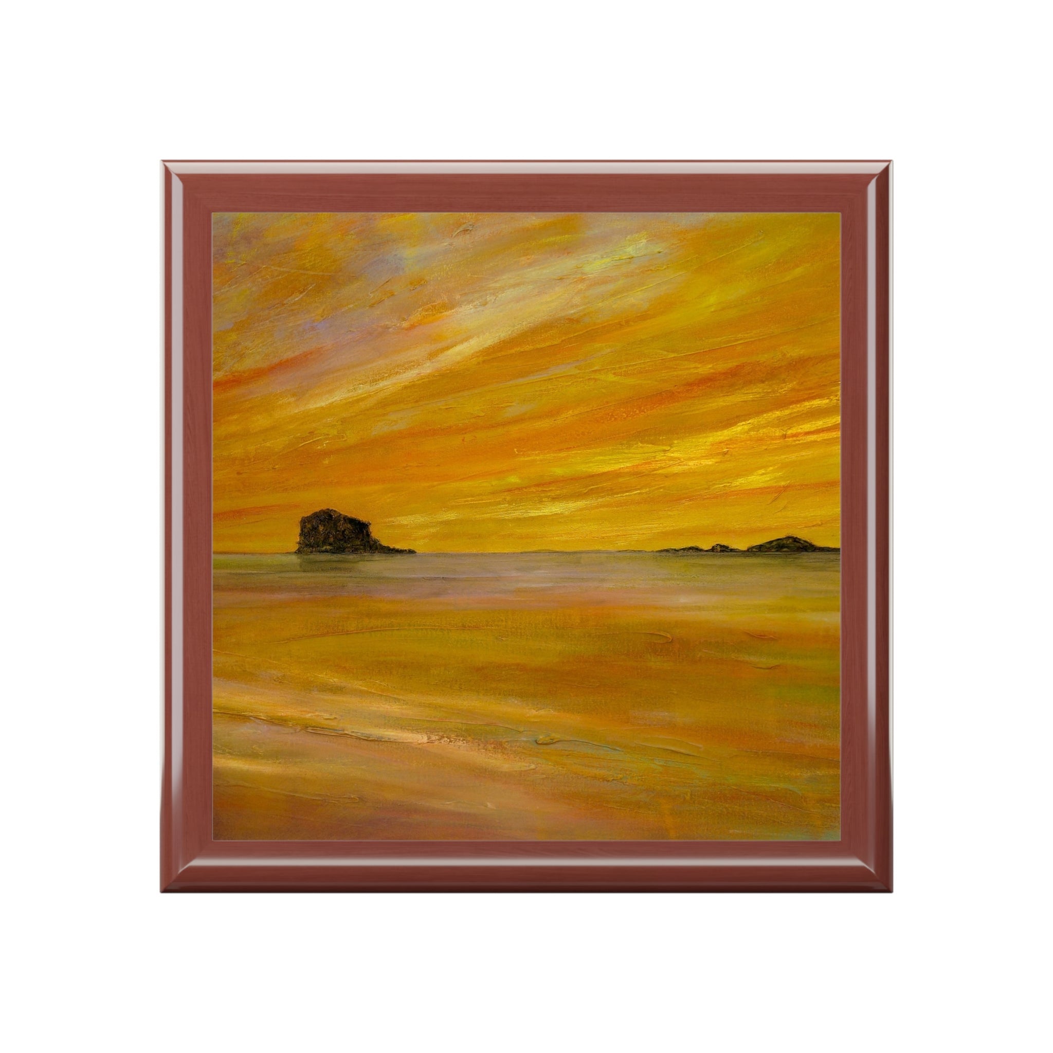 Bass Rock Dusk serene sunset over water in square-framed artwork for Scotland jewellery box