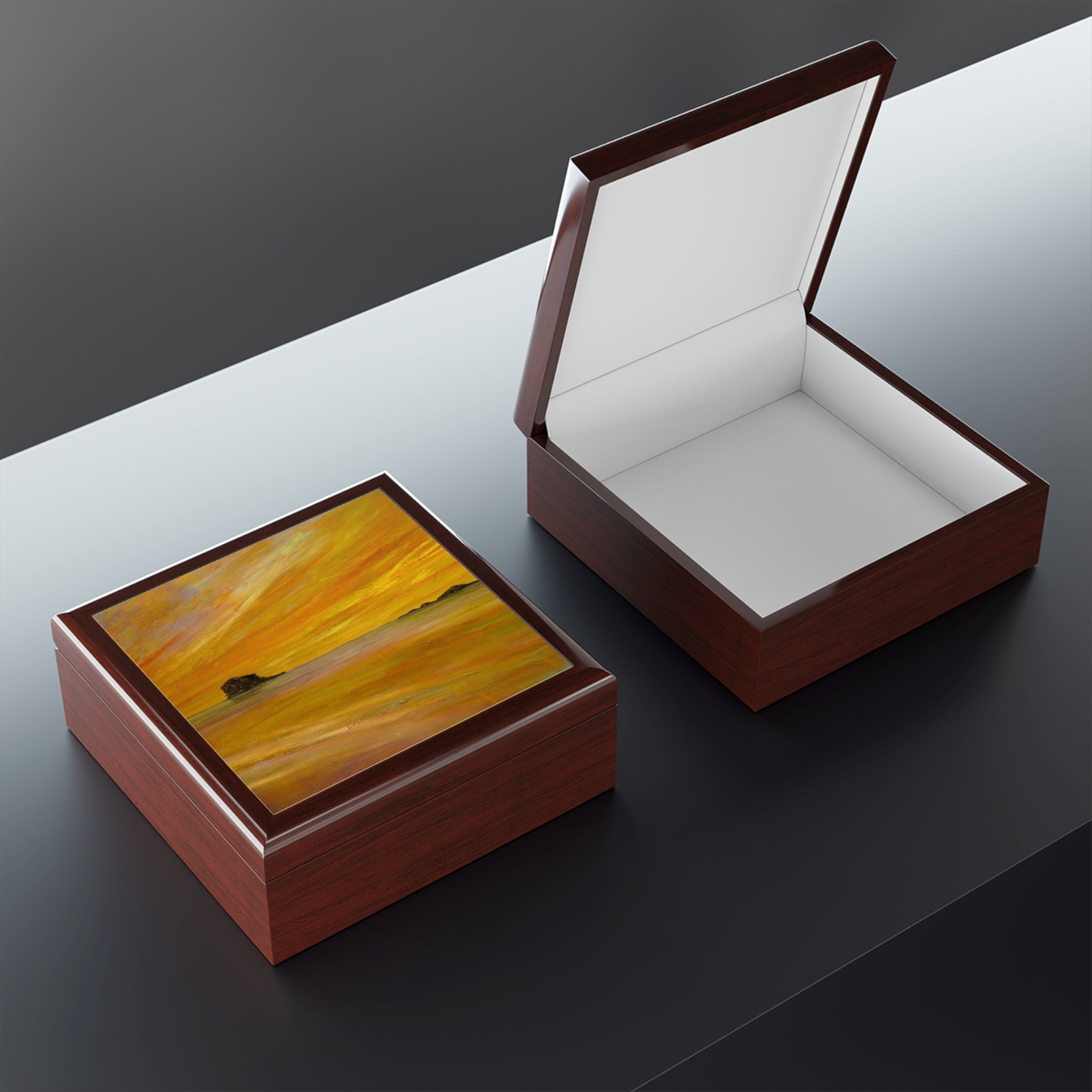 Bass Rock Dusk jewelry box with glossy wooden square and abstract orange lid