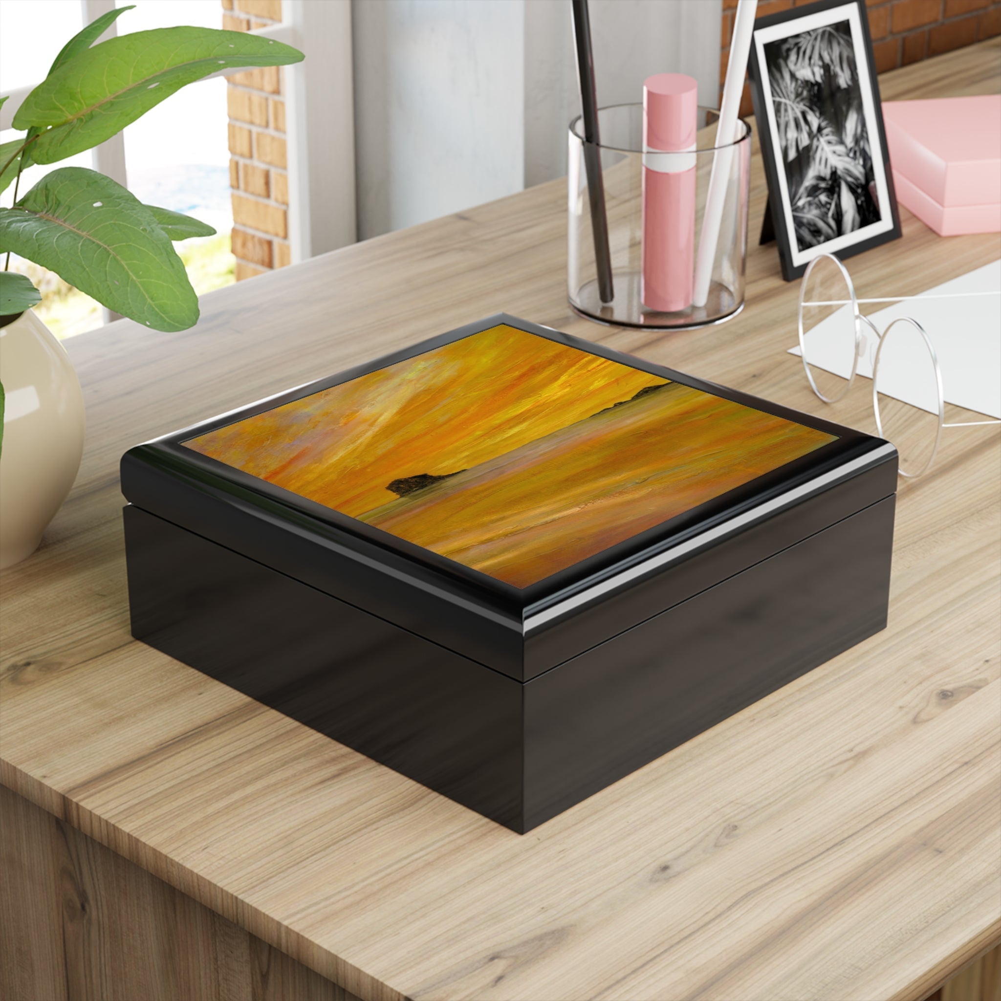 Bass Rock Dusk jewelry box with glossy black finish and abstract dusk painting