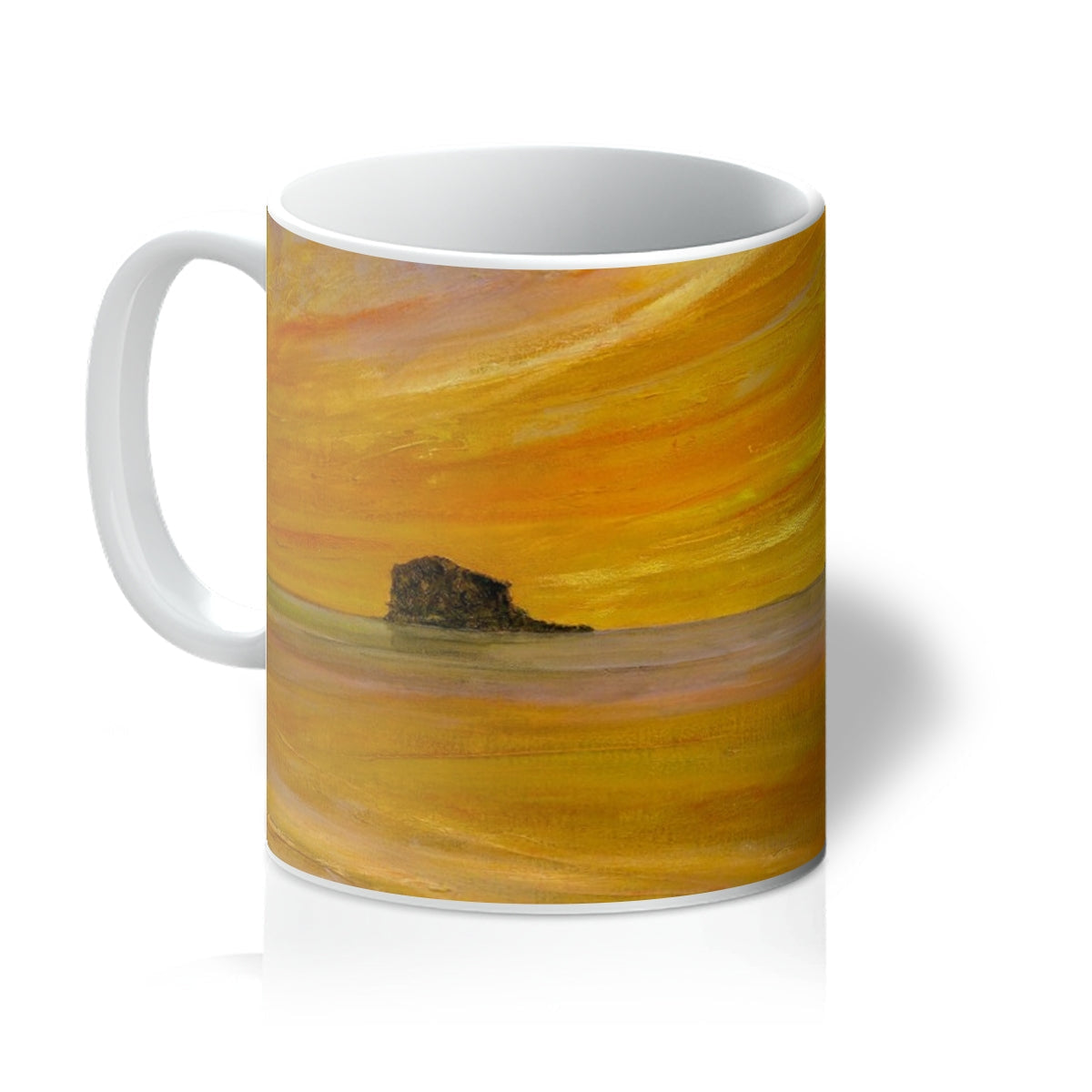 Bass Rock Dusk ceramic mug with orange-yellow swirls and bear silhouette