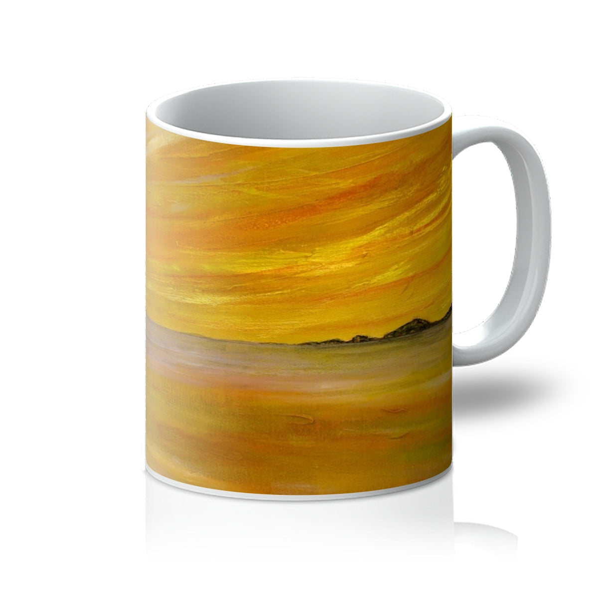 Bass Rock Dusk Mug: yellow and orange sunset ceramic mug with handle