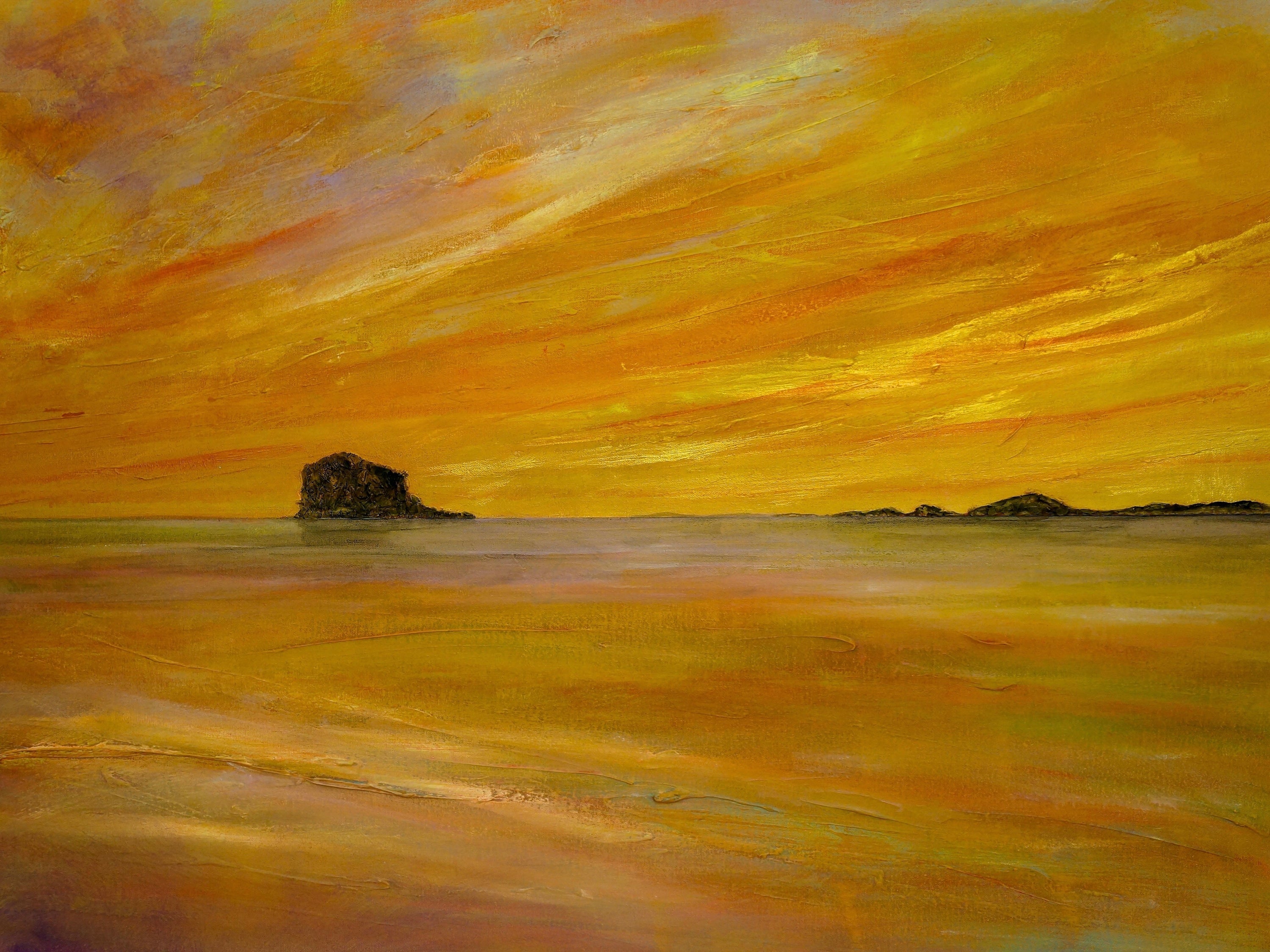 Golden sunset seascape featured in Bass Rock Dusk Original Painting artwork