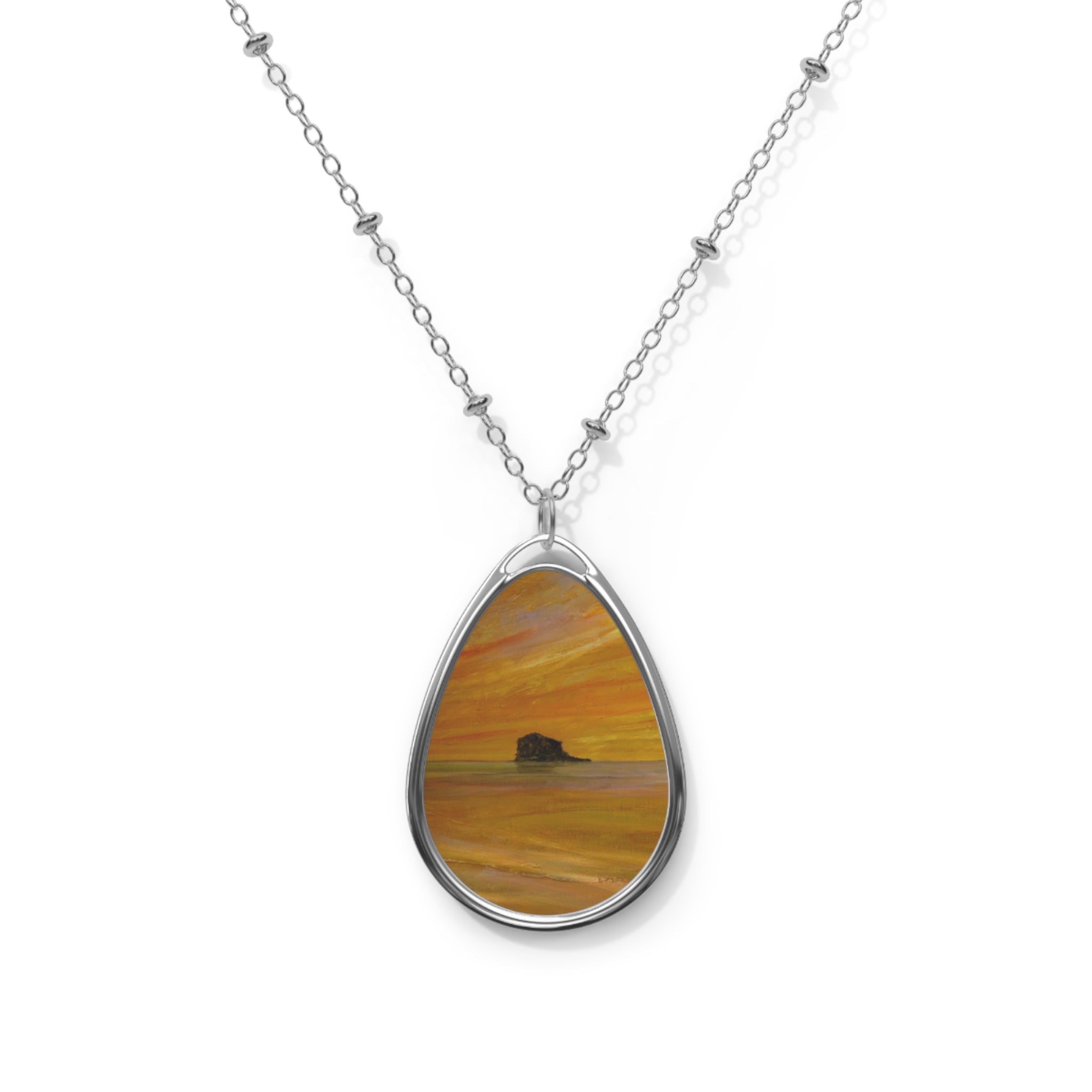 Bass Rock Dusk silver teardrop necklace with sunset scene