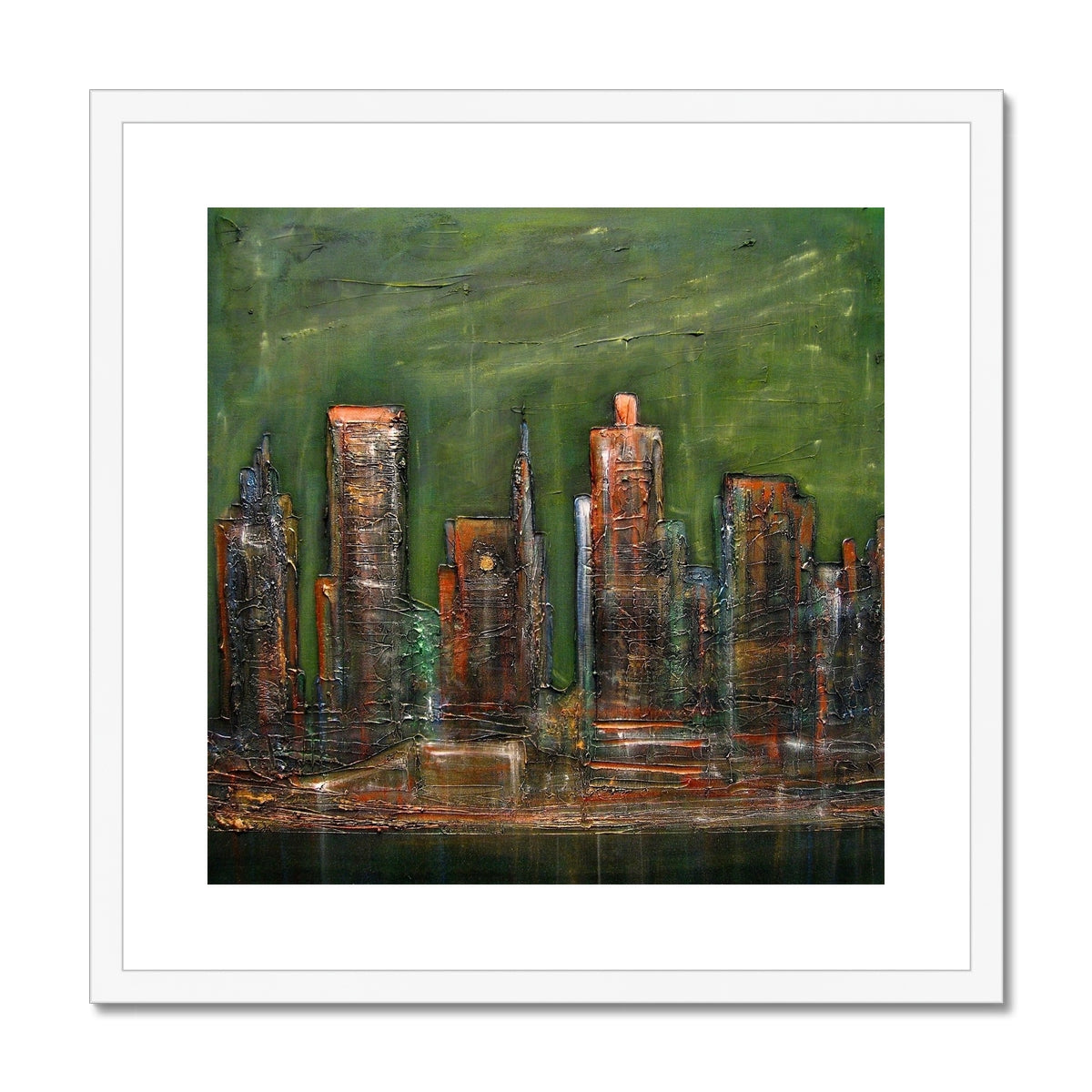Green abstract New York cityscape print in white frame