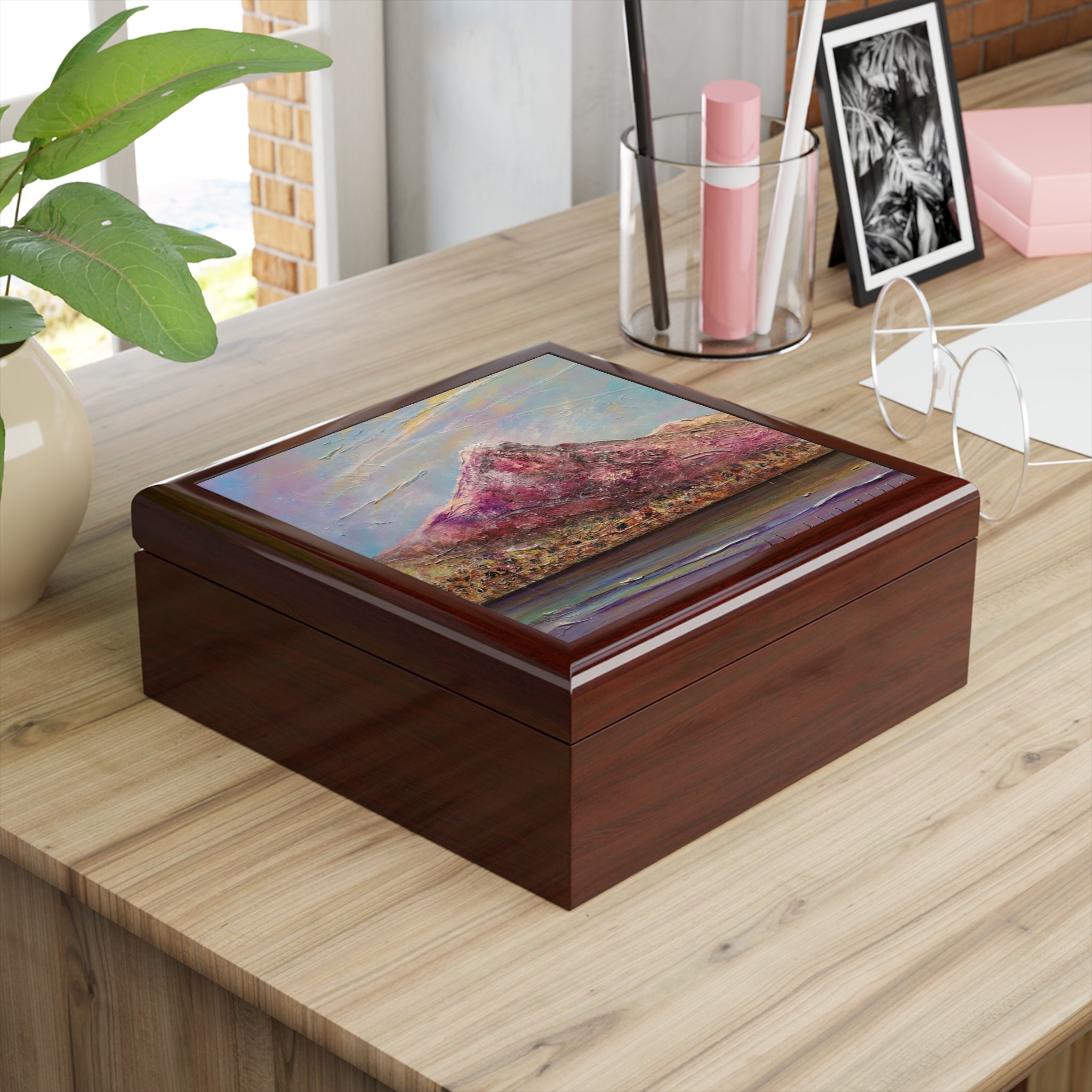 Dark wooden keepsake box with vibrant landscape painting on lid, Ben Lomond Art Jewellery Box Scotland