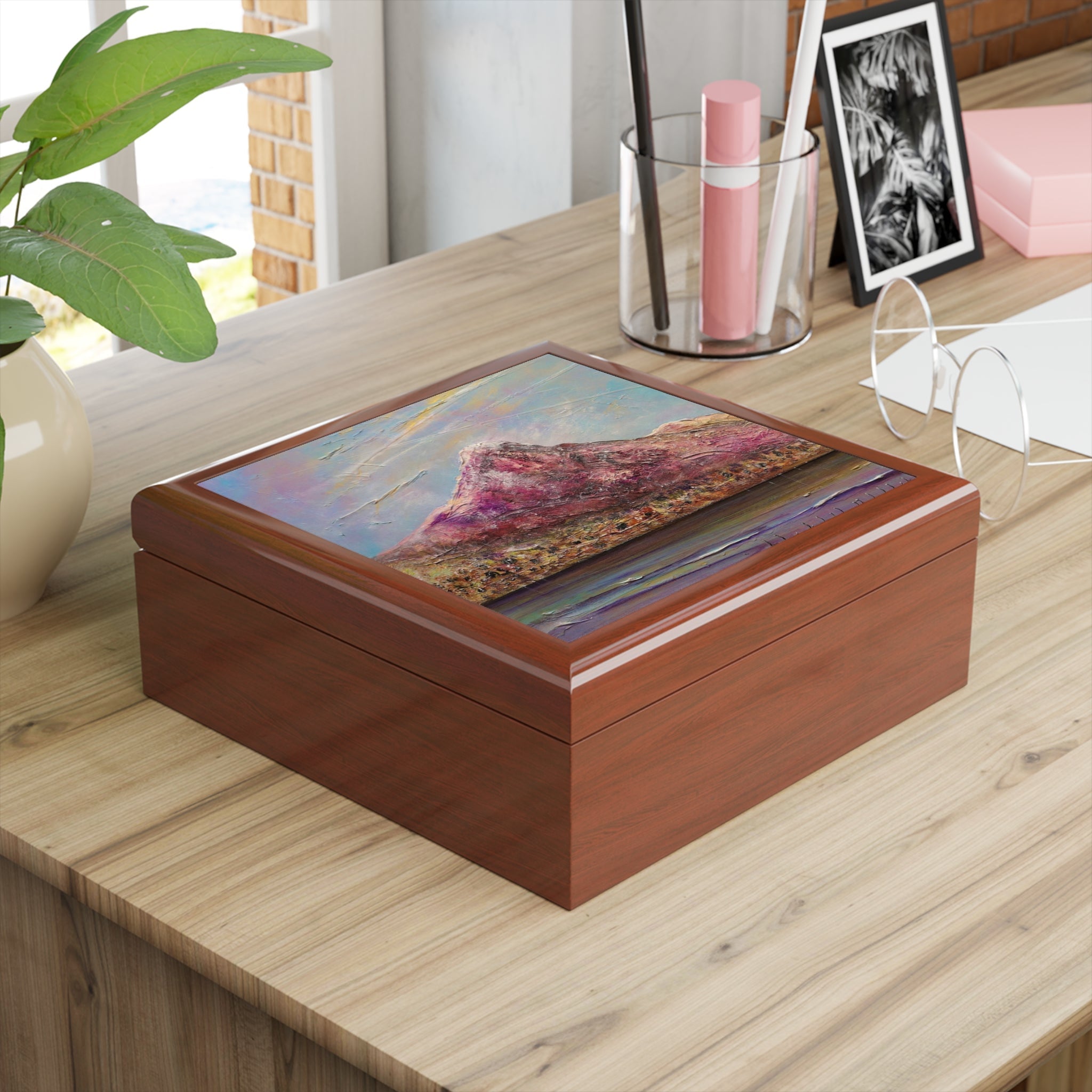 Brown wooden keepsake box with vibrant coastal landscape painting on lid for Ben Lomond Art Jewellery Box Scotland