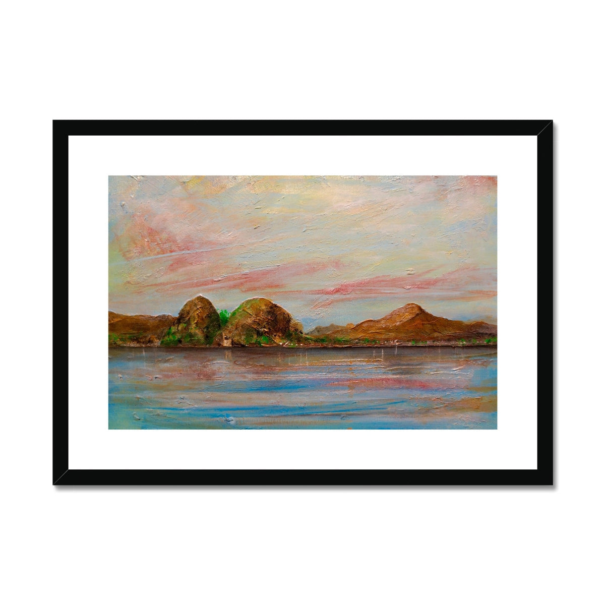 Framed Ben Lomond and Dumbarton Rock landscape print with rolling hills and pink sky