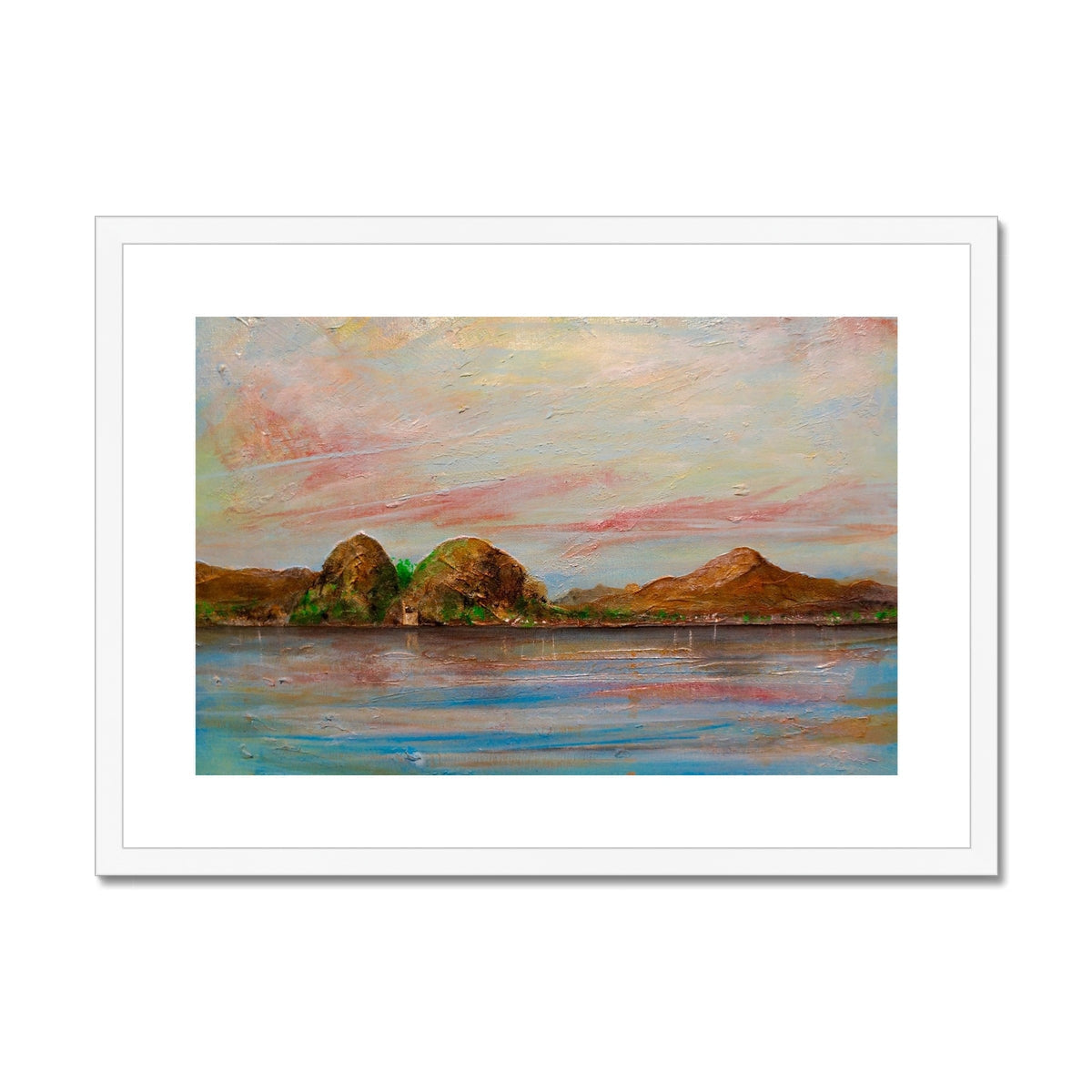 White framed Ben Lomond and Dumbarton Rock landscape print