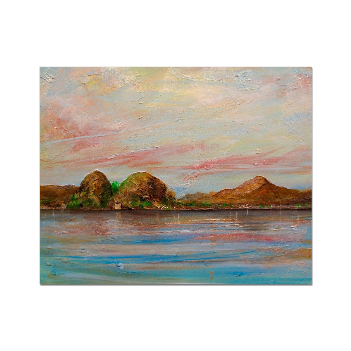 Serene lake canvas painting with hills, Hahnemuhle Ben Lomond etching print