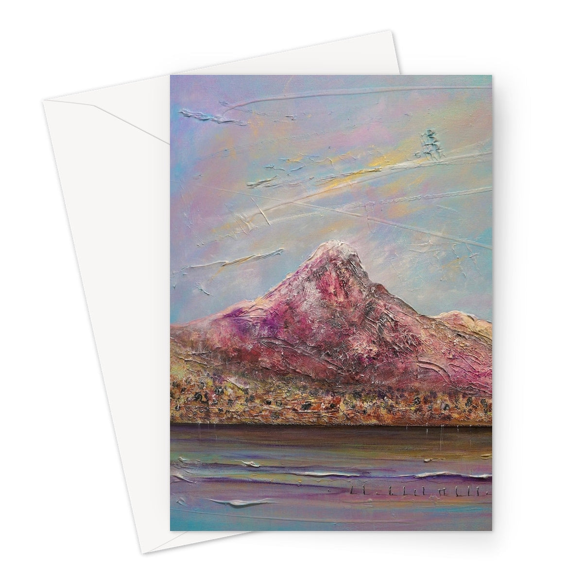Pink and purple Ben Lomond mountain greeting card with textured surface and envelope