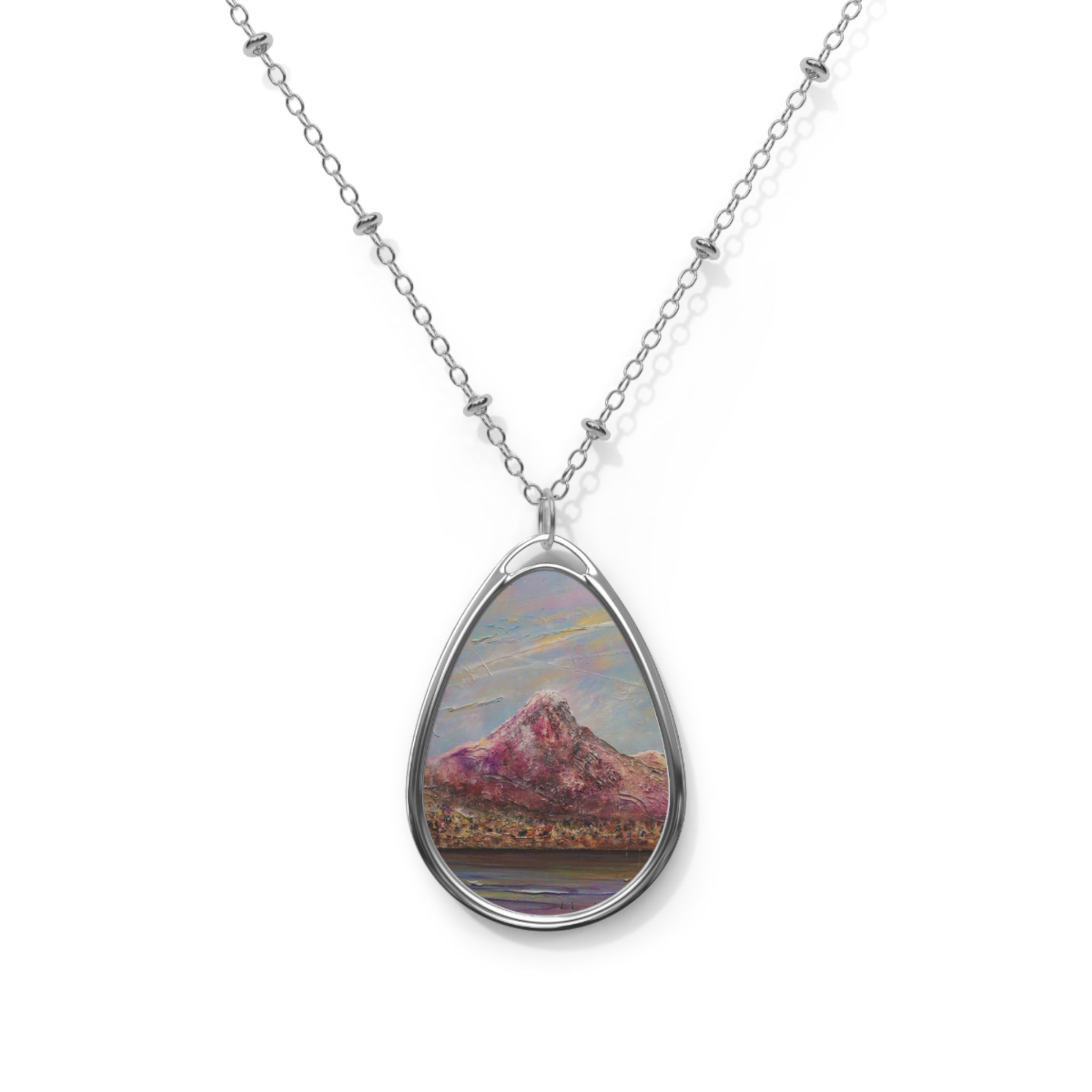 Silver chain necklace with oval pendant featuring a painted Mountain Landscape for Ben Lomond jewelry
