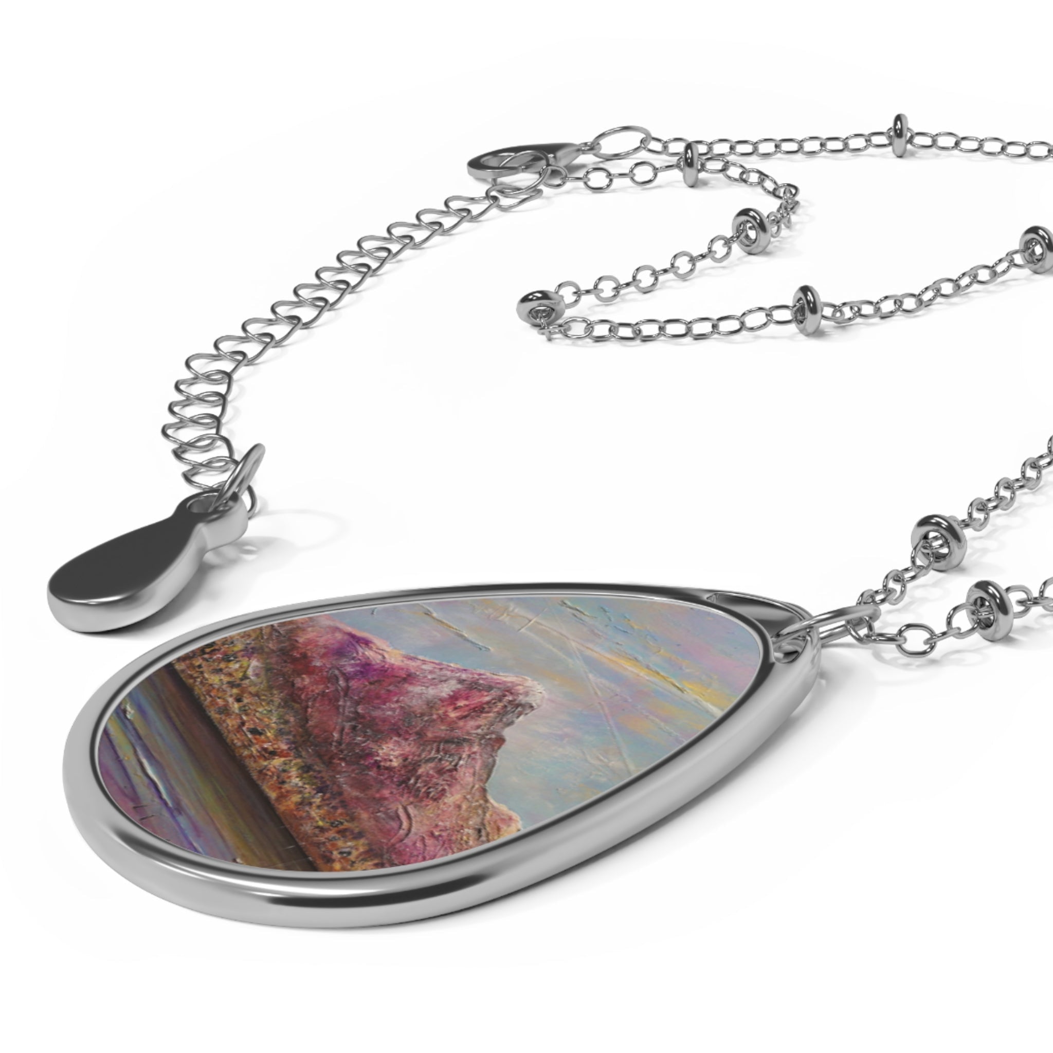 Silver teardrop pendant necklace with abstract landscape design from Ben Lomond Scottish Art Jewellery