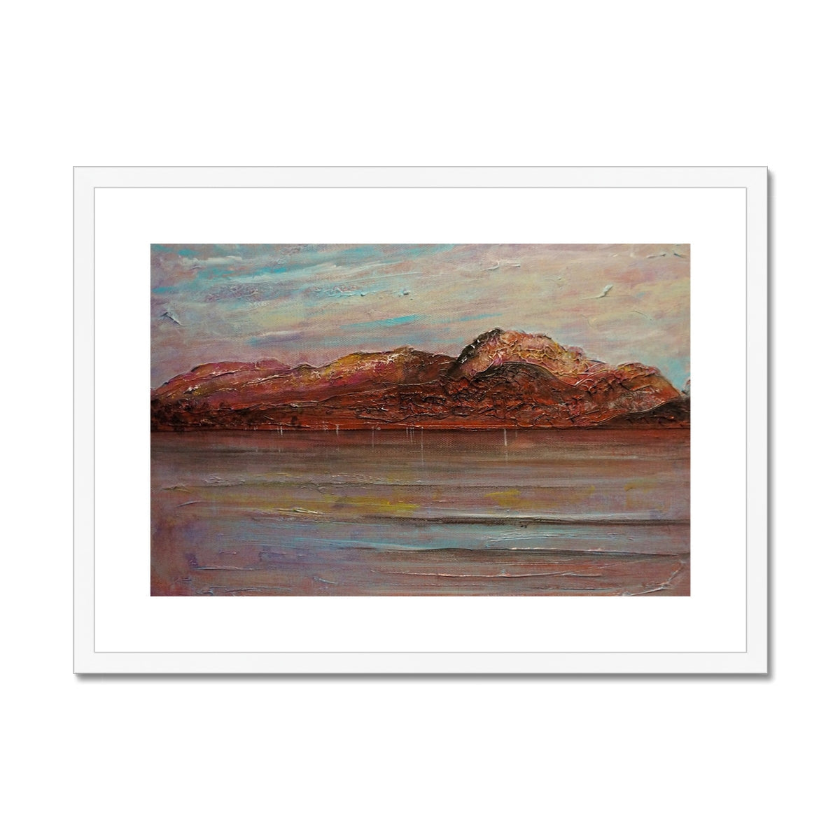 Ben Nevis art print: white-framed landscape with mountains, water in muted earth tones