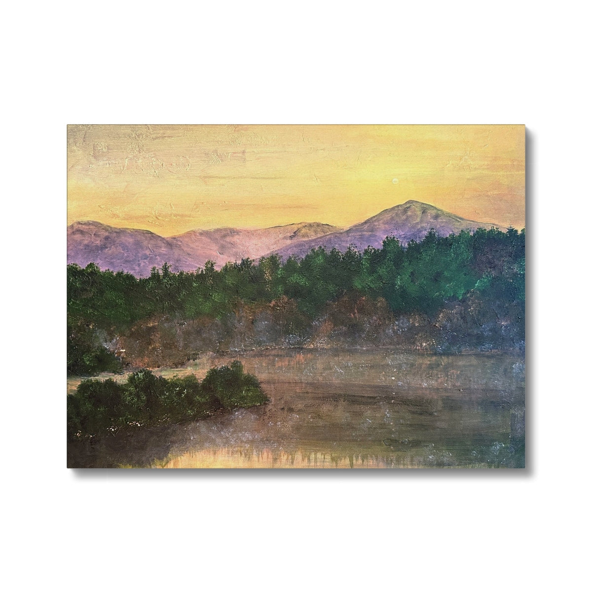 Purple mountain landscape canvas print with green trees and yellow sky in Ben Tee Invergarry Canvas