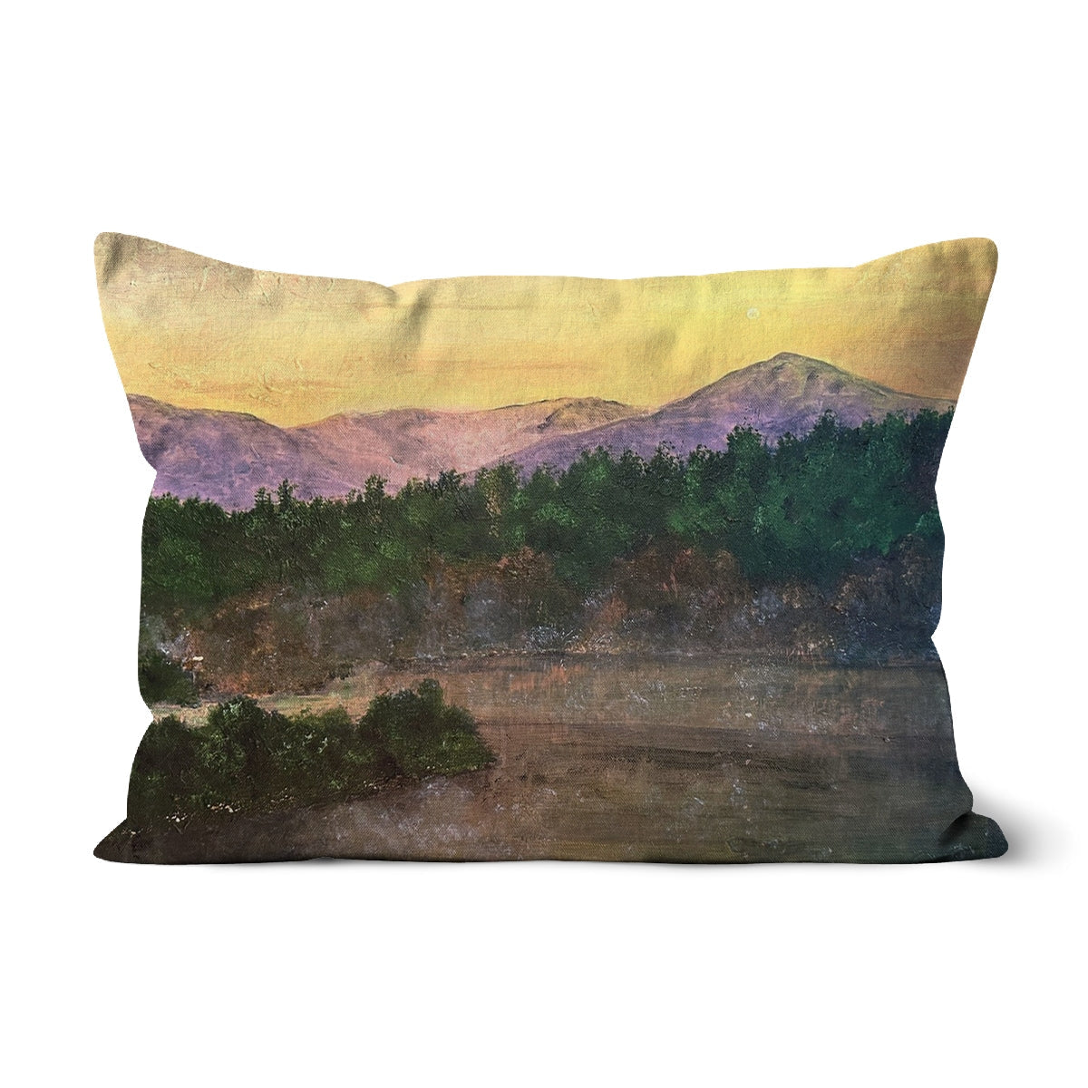 Yellow and purple mountain landscape textured fabric cushion for Ben Tee Invergarry Cushion