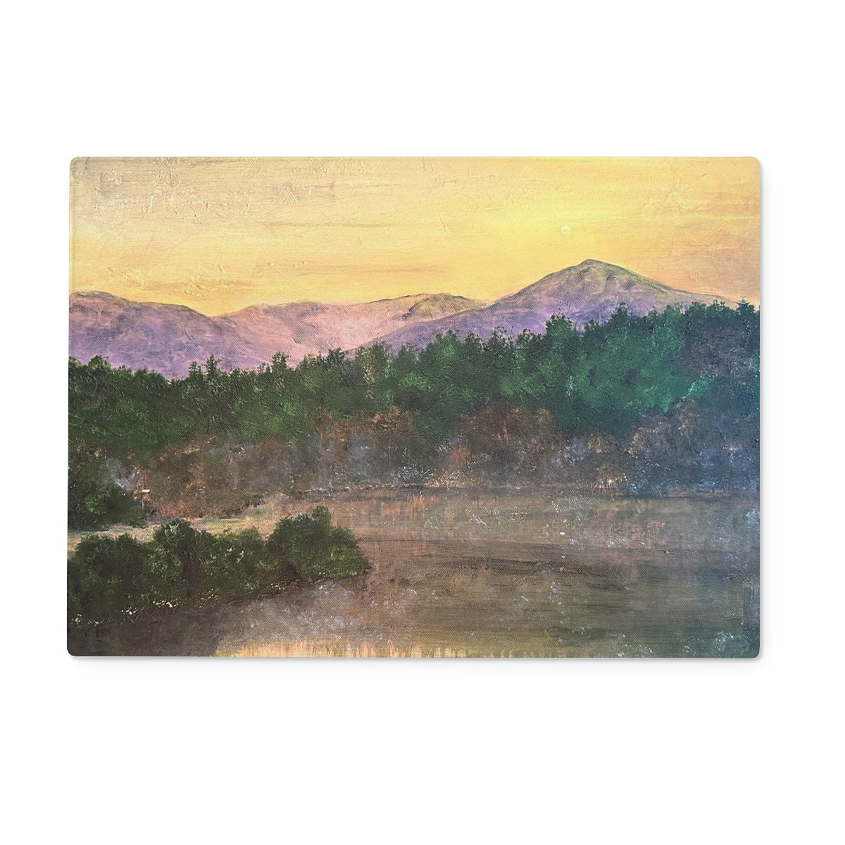 Yellow and purple mountain landscape painting on canvas displayed on Ben Tee Invergarry Glass Chopping Board