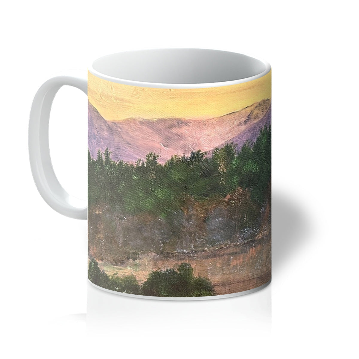 Ben Tee Invergarry Mug featuring a ceramic mountain landscape design in yellow and purple hues