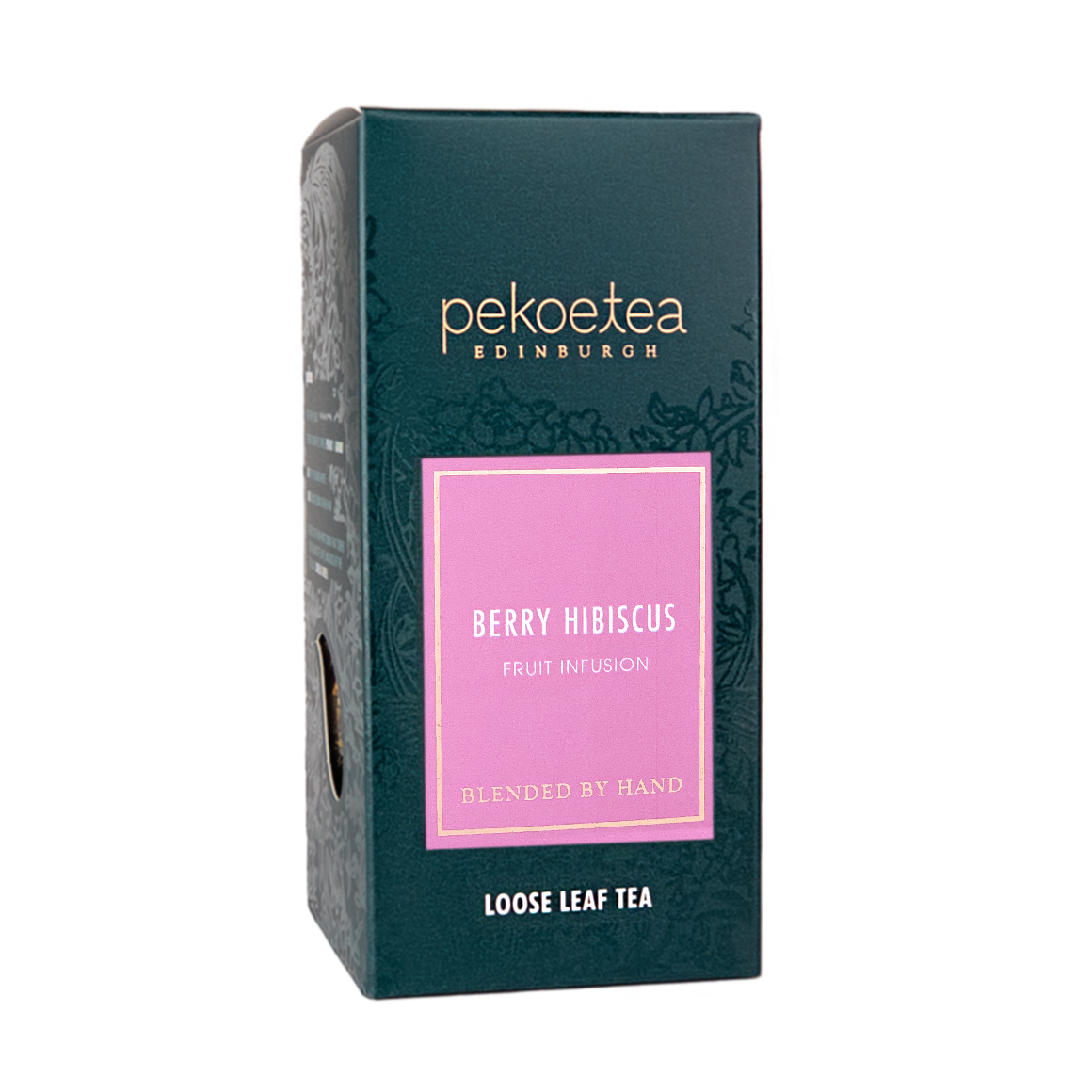 Dark green box of Berry Hibiscus fruit infusion loose leaf tea